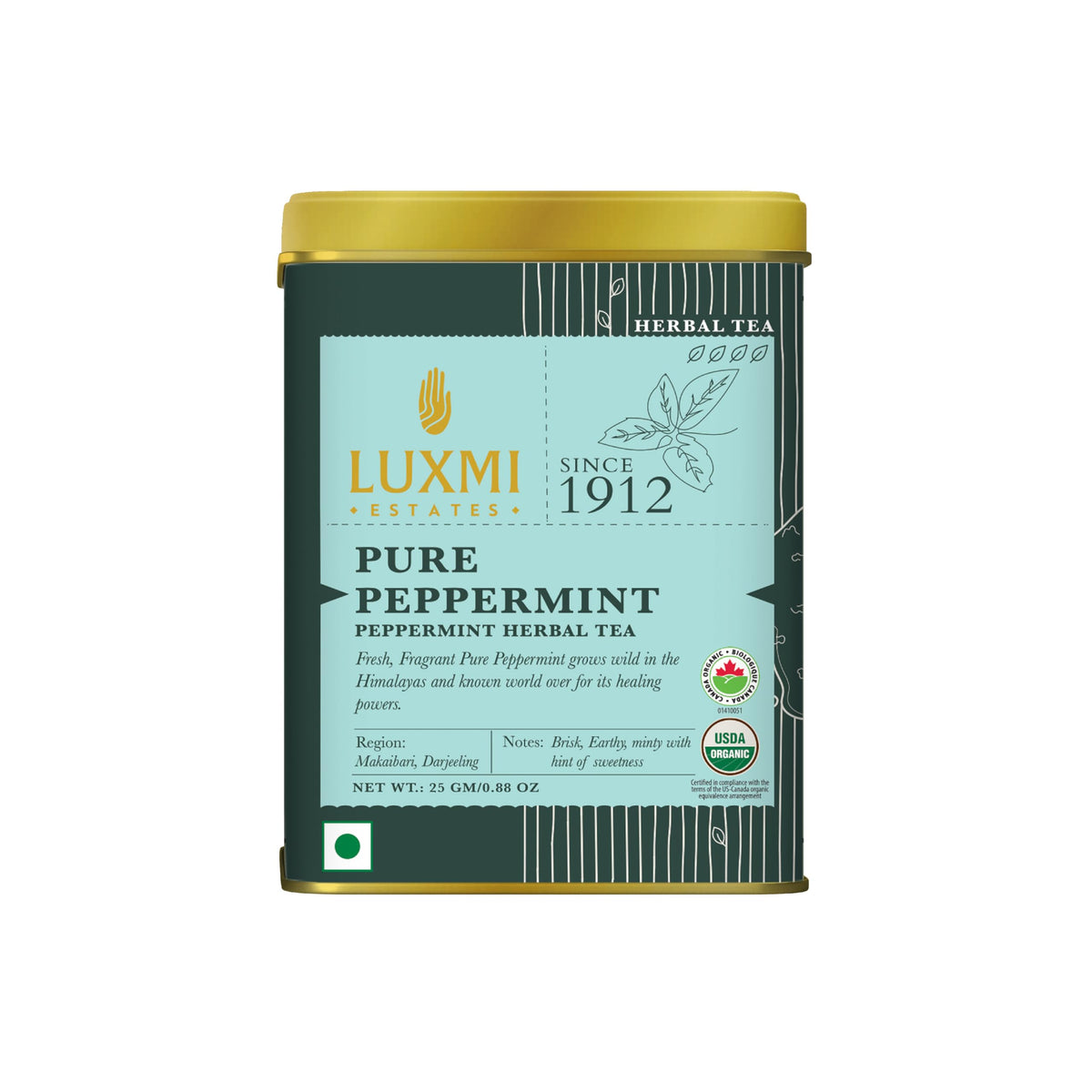 Luxmi Estates Purely Peppermint tin front, refreshing aroma for soothing evenings.