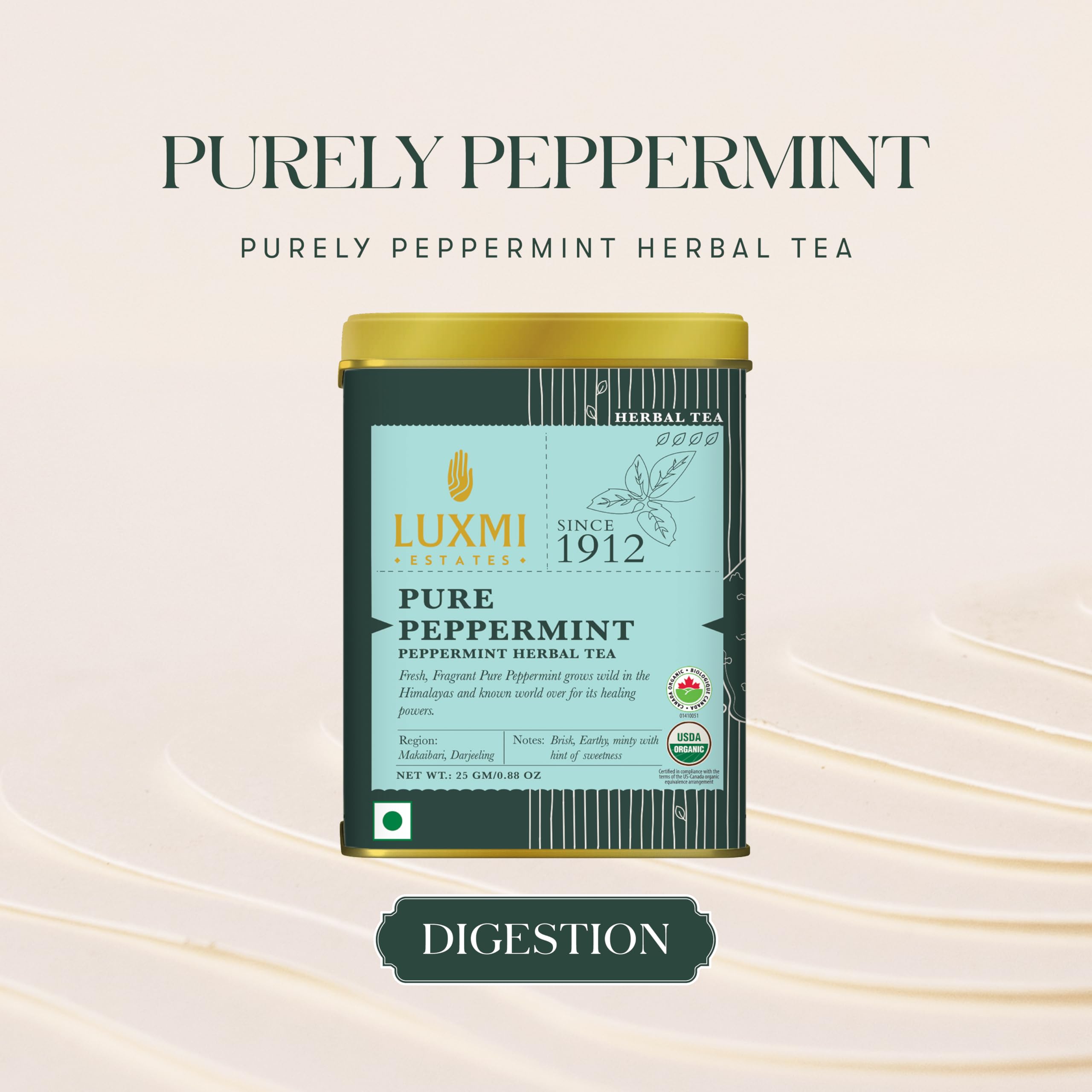 Luxmi Estates Purely Peppermint tea tin packaging, convenient 25g for evening cup.
