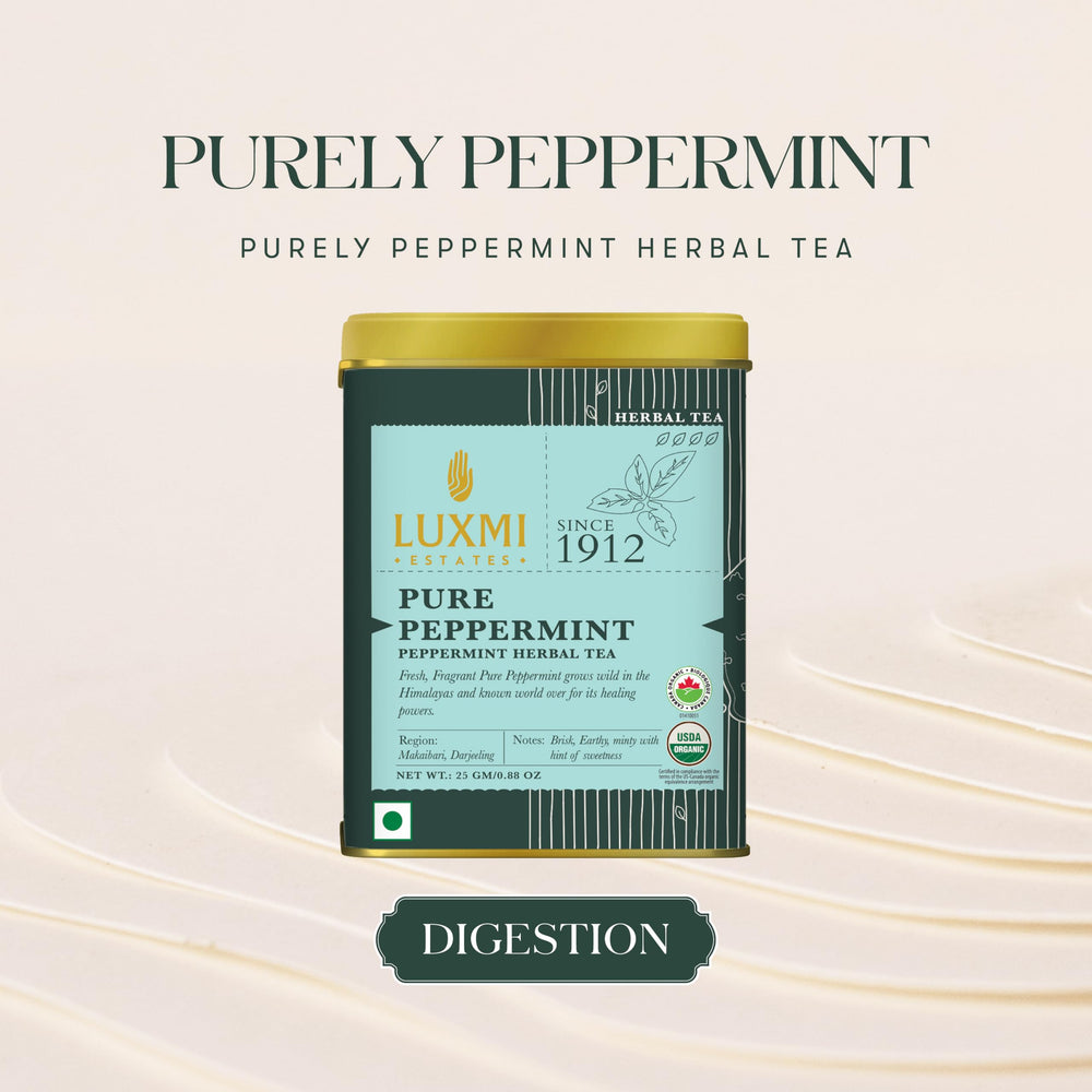 Luxmi Estates Purely Peppermint tea tin packaging, convenient 25g for evening cup.