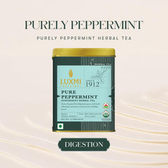 Luxmi Estates Purely Peppermint tea tin packaging, convenient 25g for evening cup.