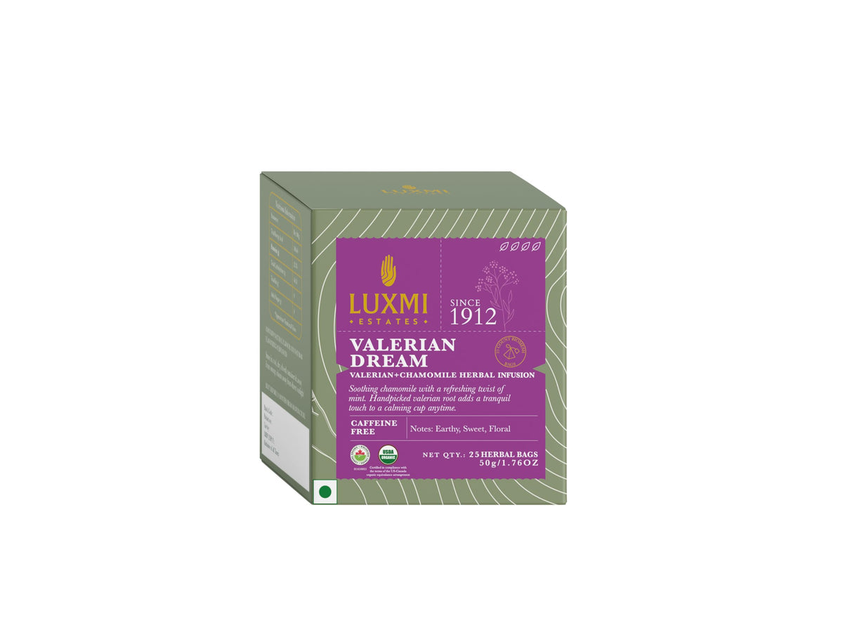 Luxmi Estates Valerian Dream tea bag closeup showing a calming blend.