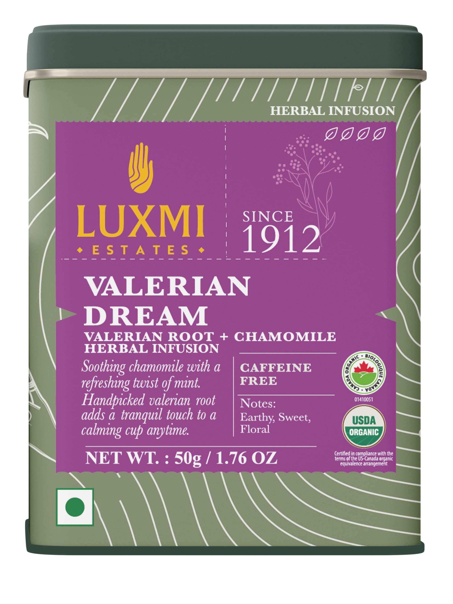 Luxmi Estates Valerian Dream tea packaging showcases calming evening ritual design