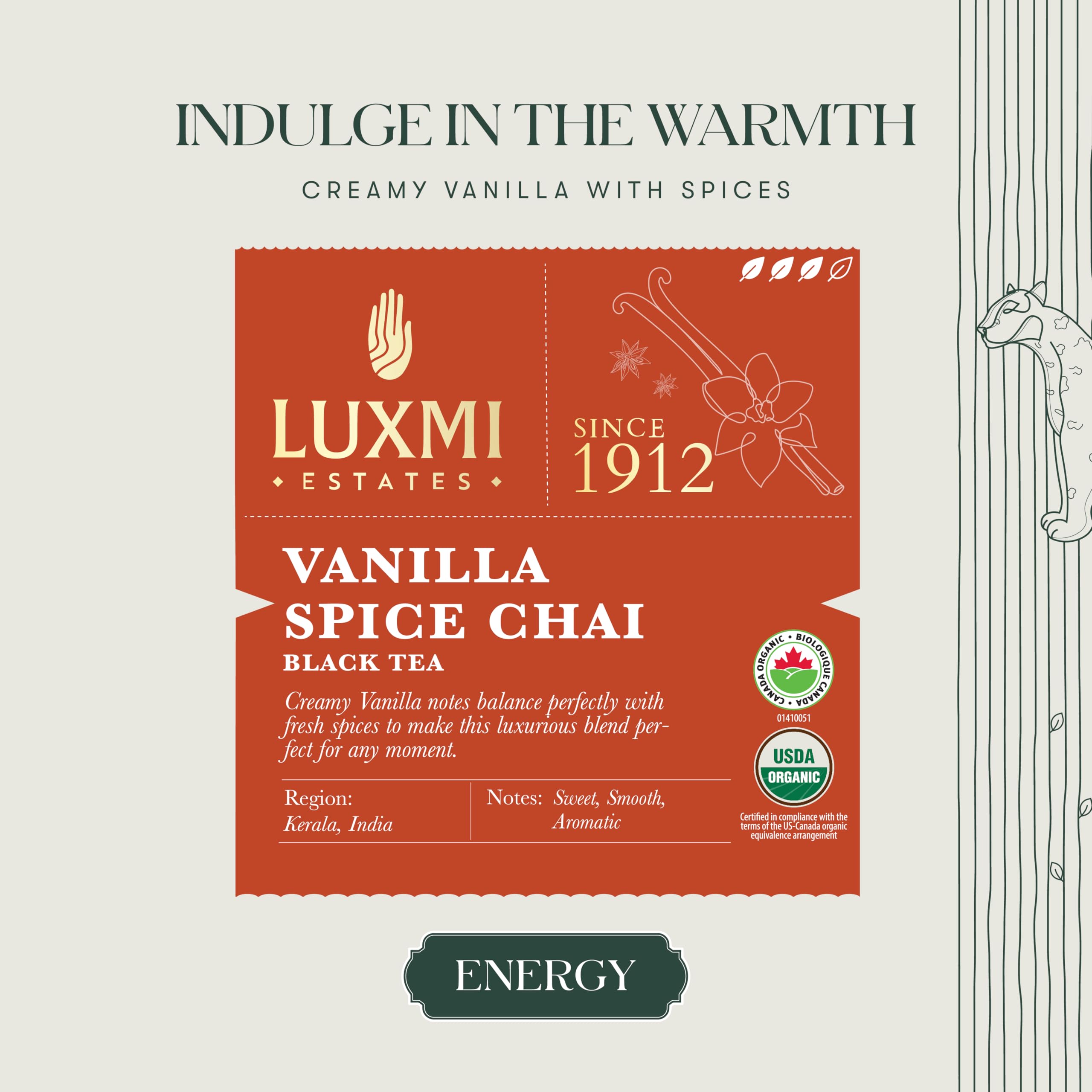 LUXMI Estates Vanilla Spice Chai cloves-ginger blend delivers depth.