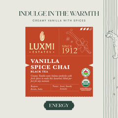 LUXMI Estates Vanilla Spice Chai cloves-ginger blend delivers depth.
