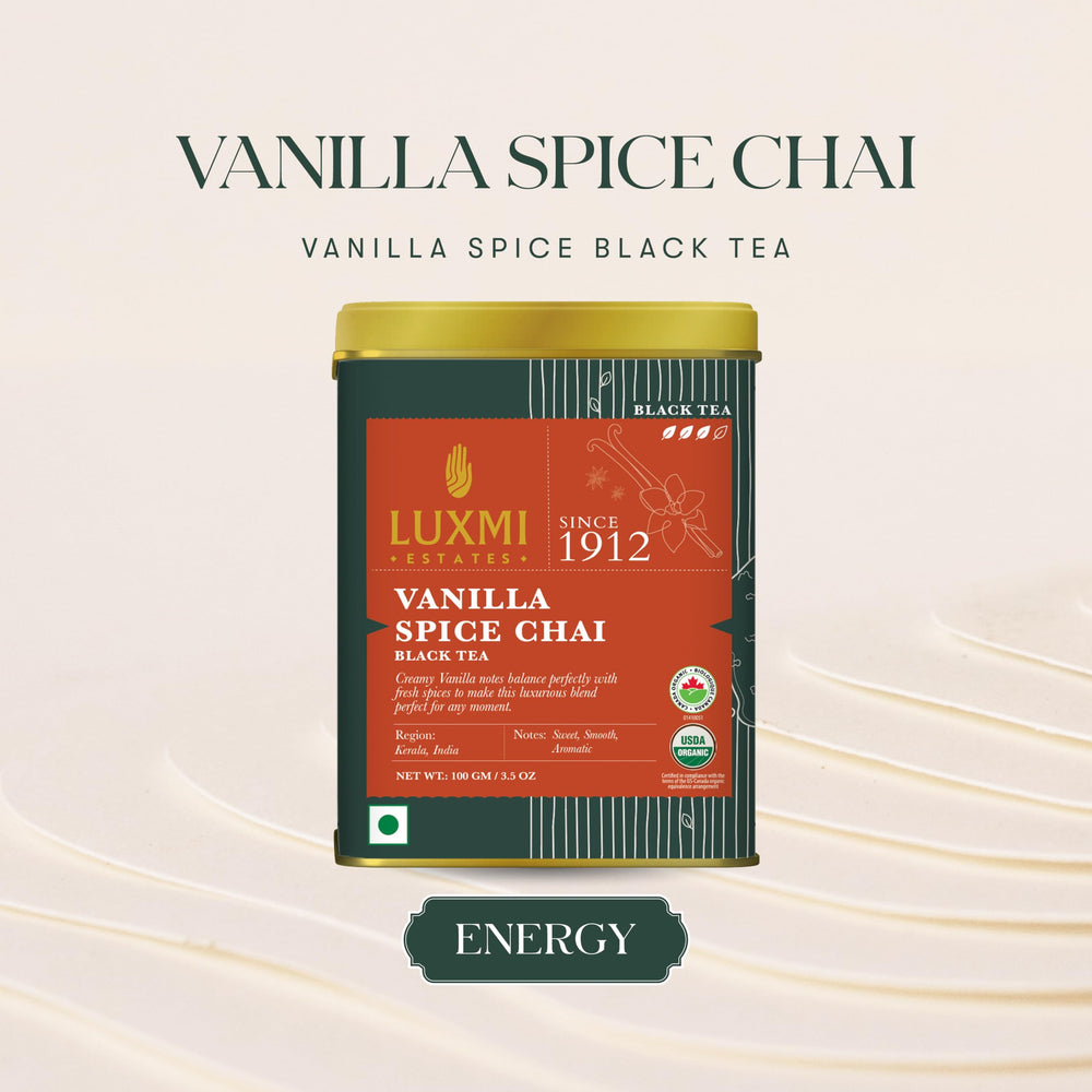 LUXMI Estates Vanilla Spice Chai cardamom-cinnamon mix adds warm spice.
