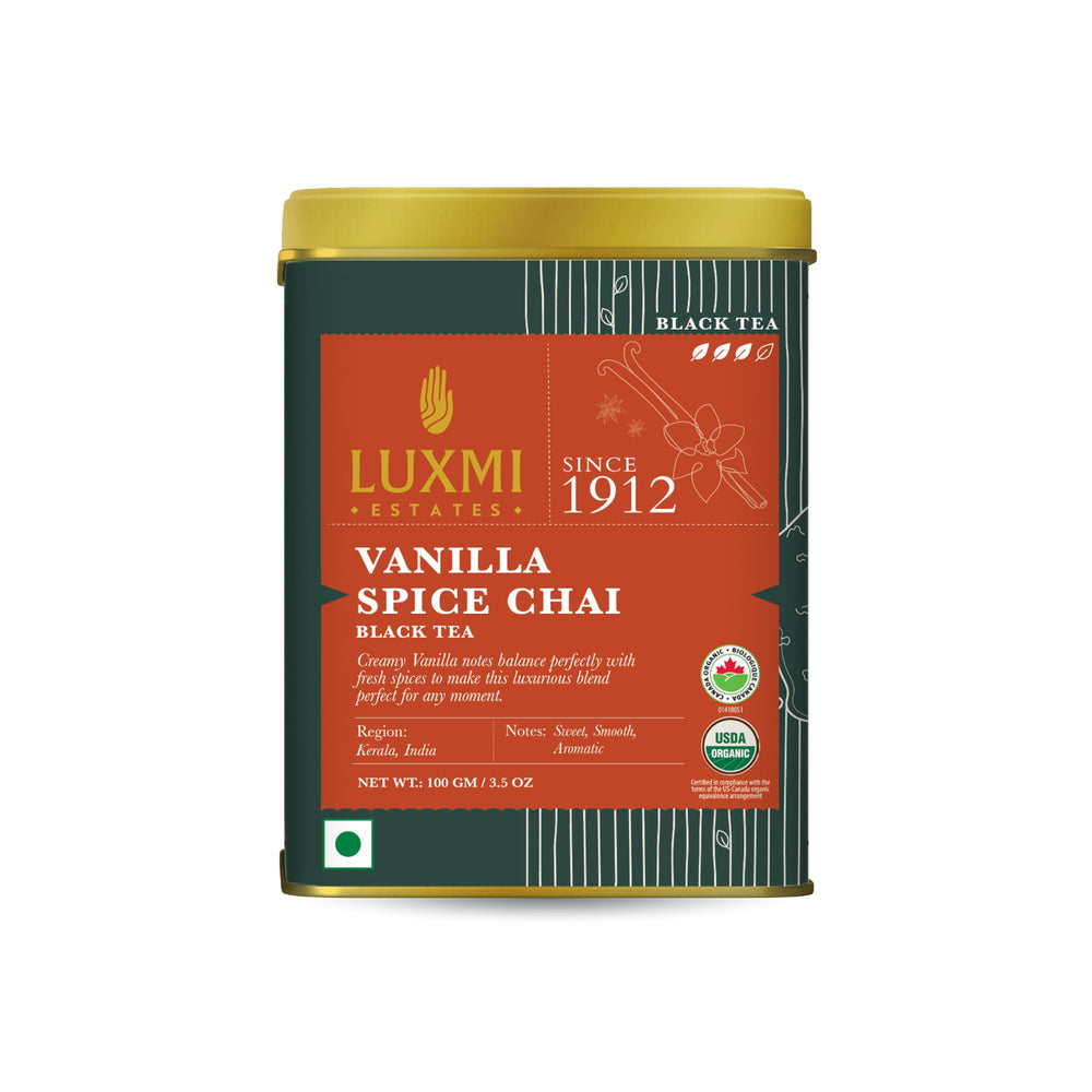LUXMI Estates Vanilla Spice Chai tin label highlights premium blend for cozy evenings.