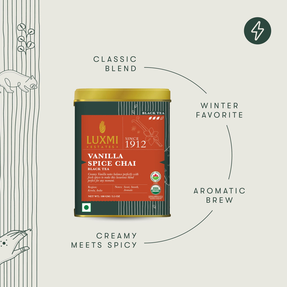 LUXMI Estates Vanilla Spice Chai vanilla-flavour notes invite comforting rituals.
