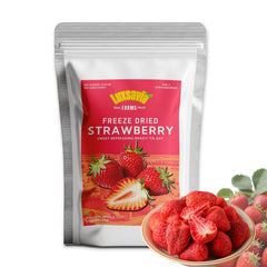 Luxsavia freeze-dried strawberries pack front with premium whole berries for snacking.