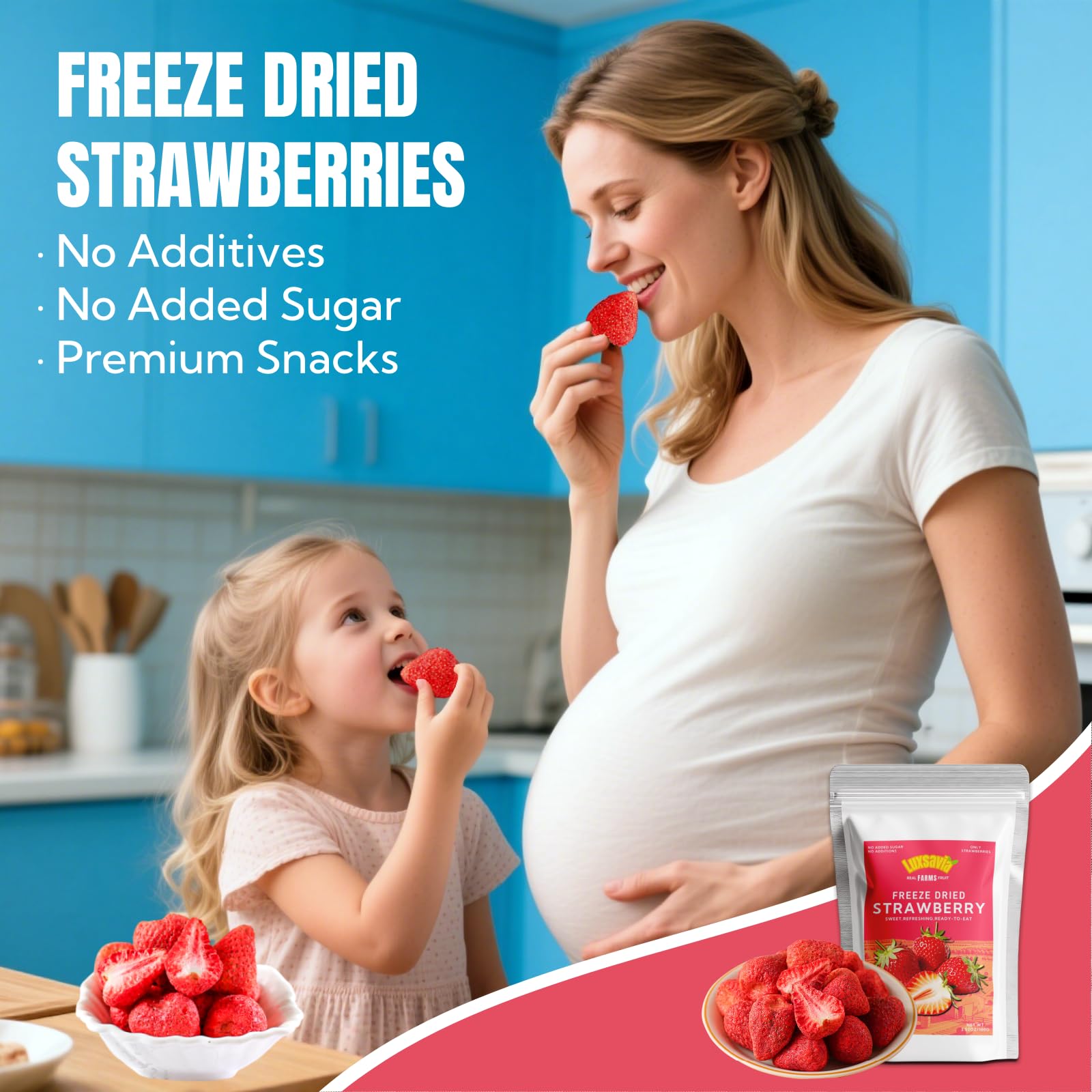 Luxsavia freeze-dried strawberries smoothie bowl topping adding natural sweetness.