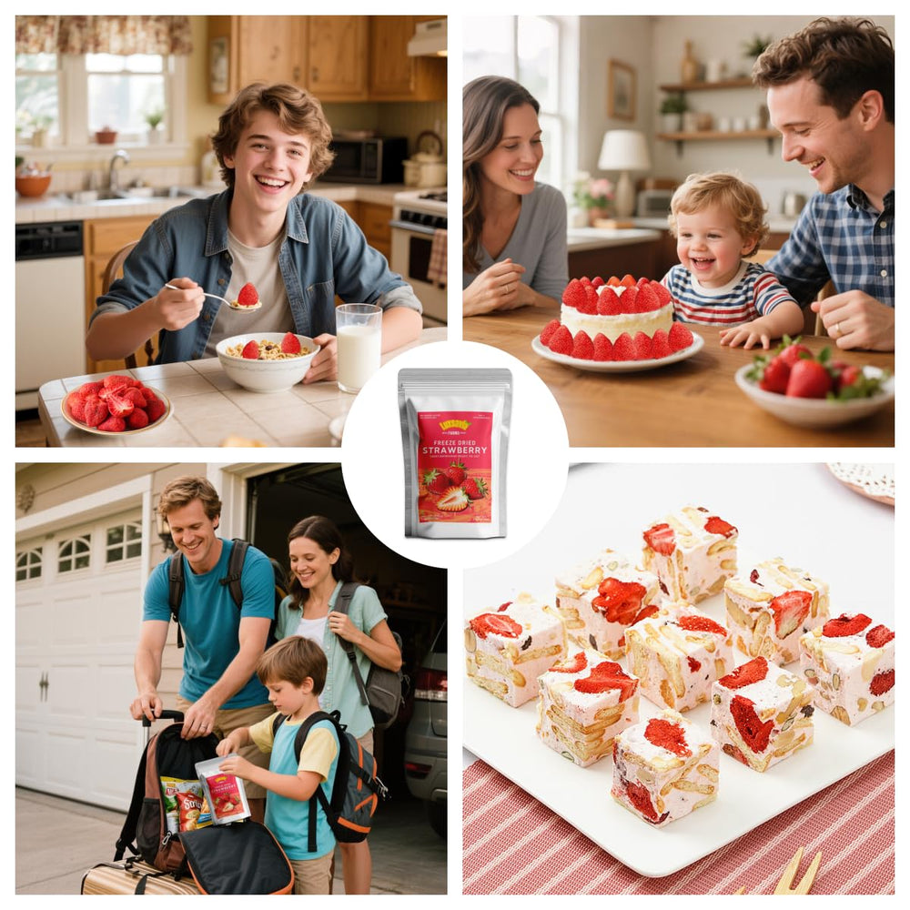 Luxsavia freeze-dried strawberries snack pack no sugar added in natural packaging.