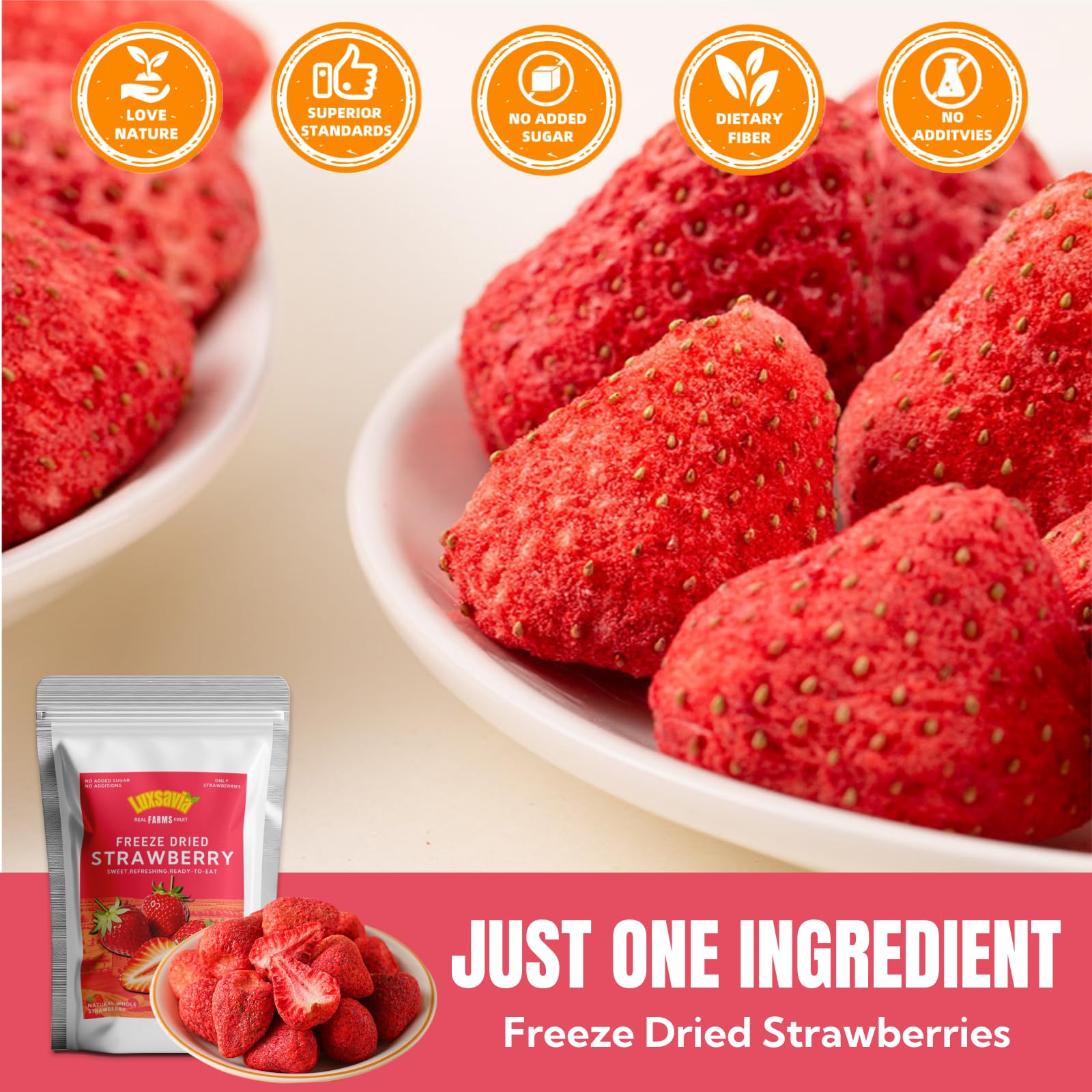 Luxsavia freeze-dried strawberries whole-berries shelf view signaling long shelf life.