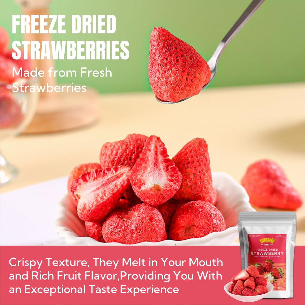 Luxsavia freeze-dried strawberries yogurt parfait closeup demonstrating texture pairing.