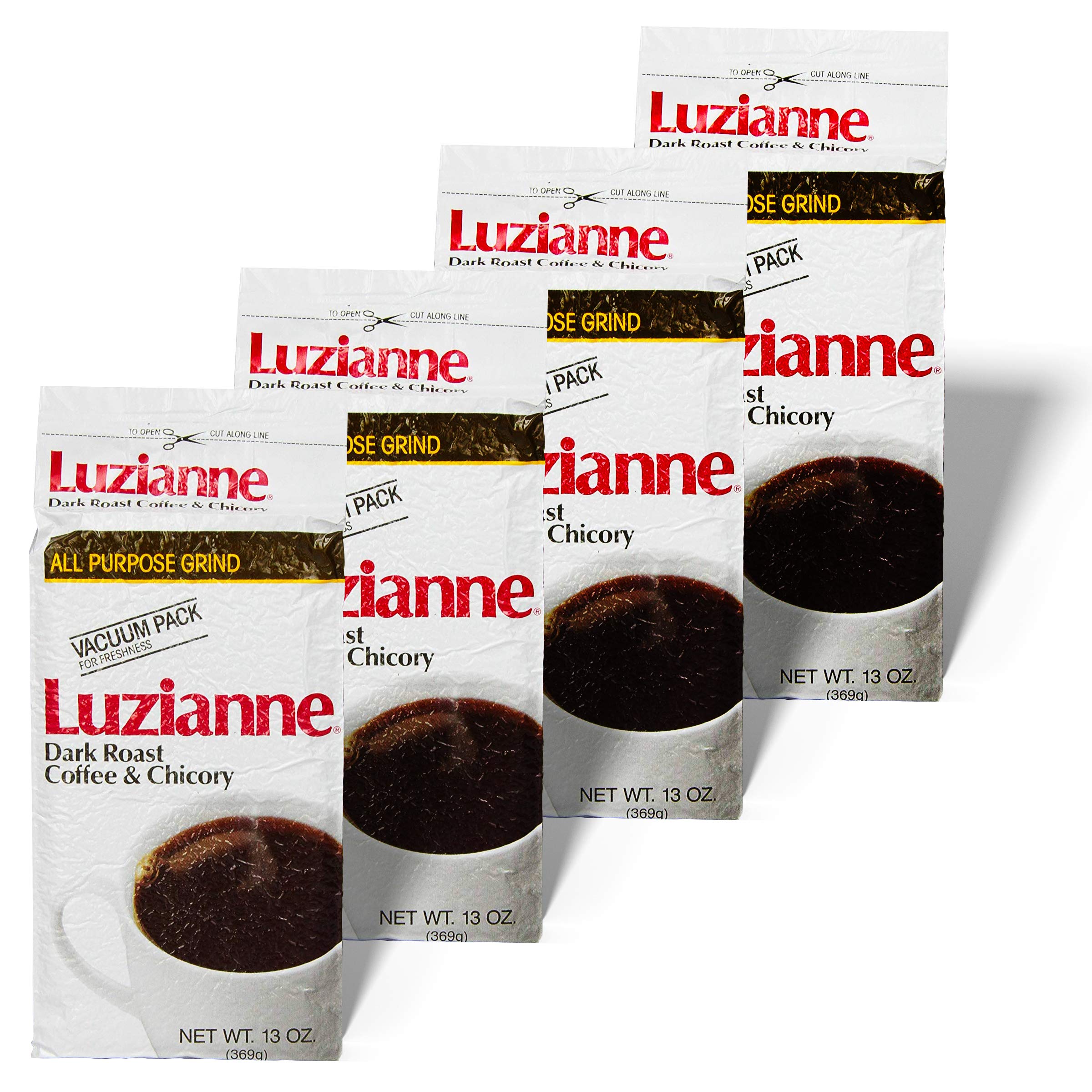 Luzianne dark roast chicory ground coffee bag in a 4-pack for smooth, flavorful mornings.