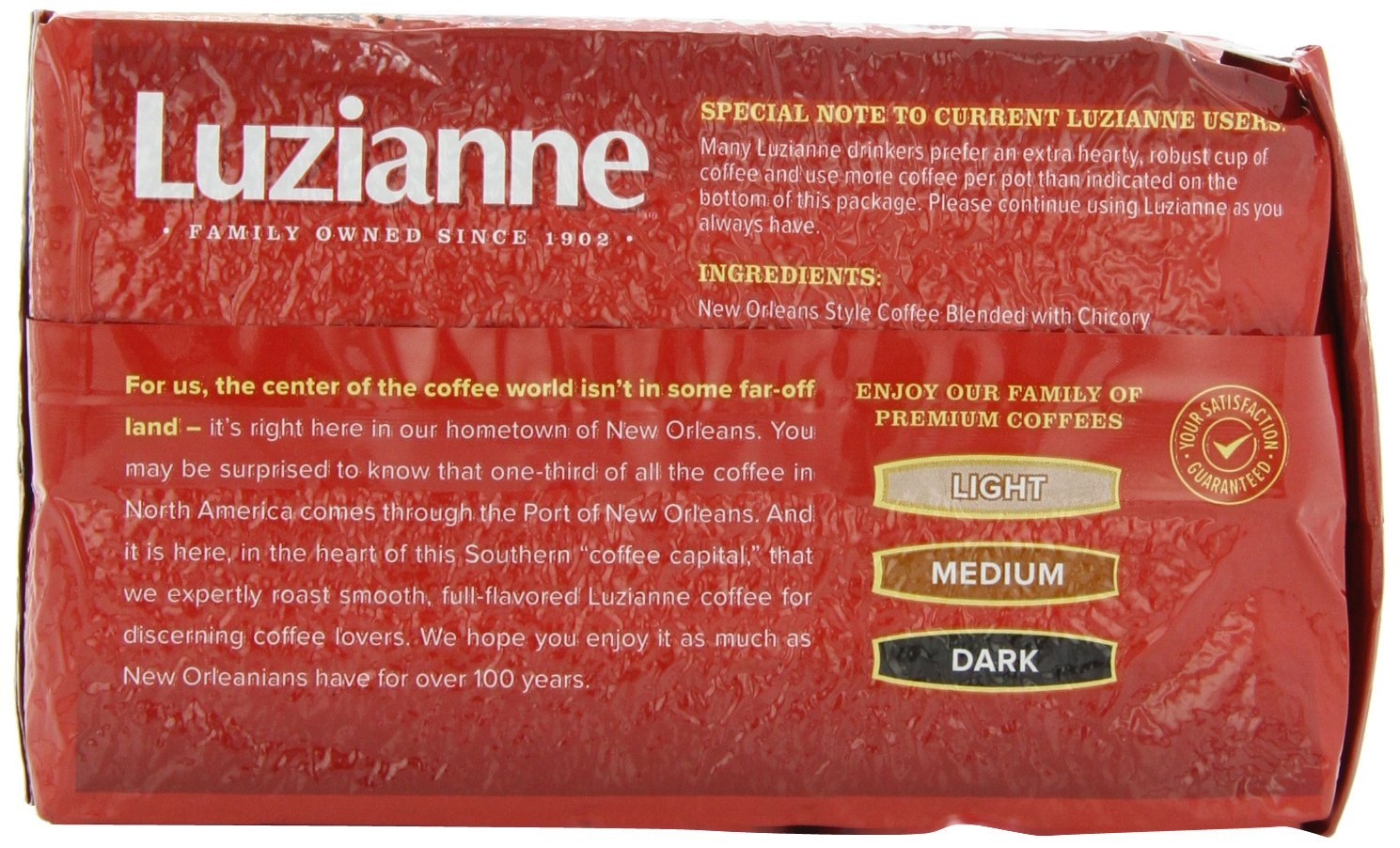 Luzianne vacuum-sealed pack preserves freshness and aroma for easy storage and quick brewing