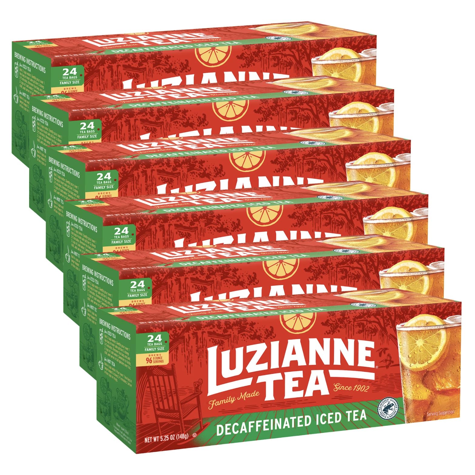 Luzianne decaf iced tea bags ready to brew a refreshing, lower-caffeine glass.