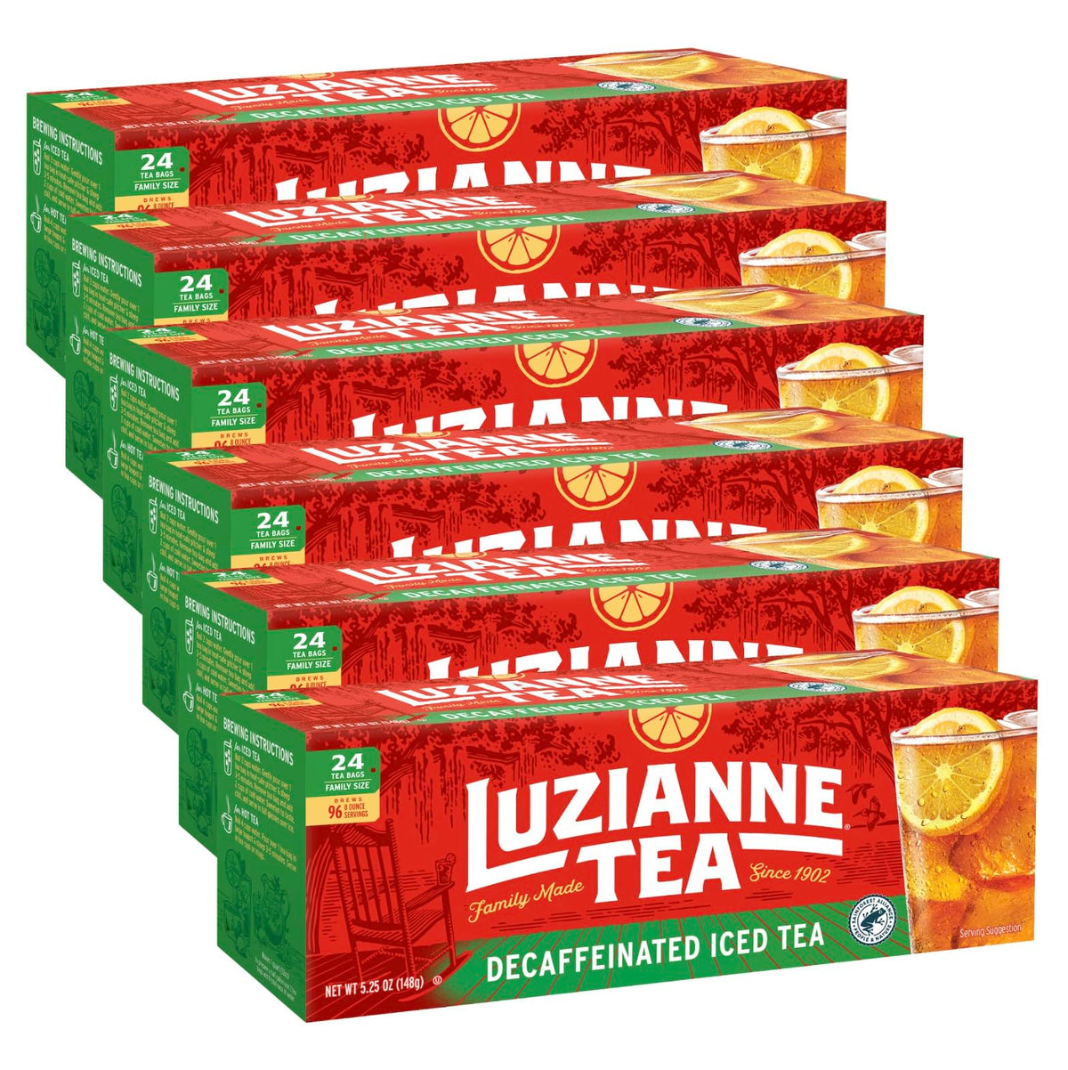 Luzianne decaf iced tea bags ready to brew a refreshing, lower-caffeine glass.