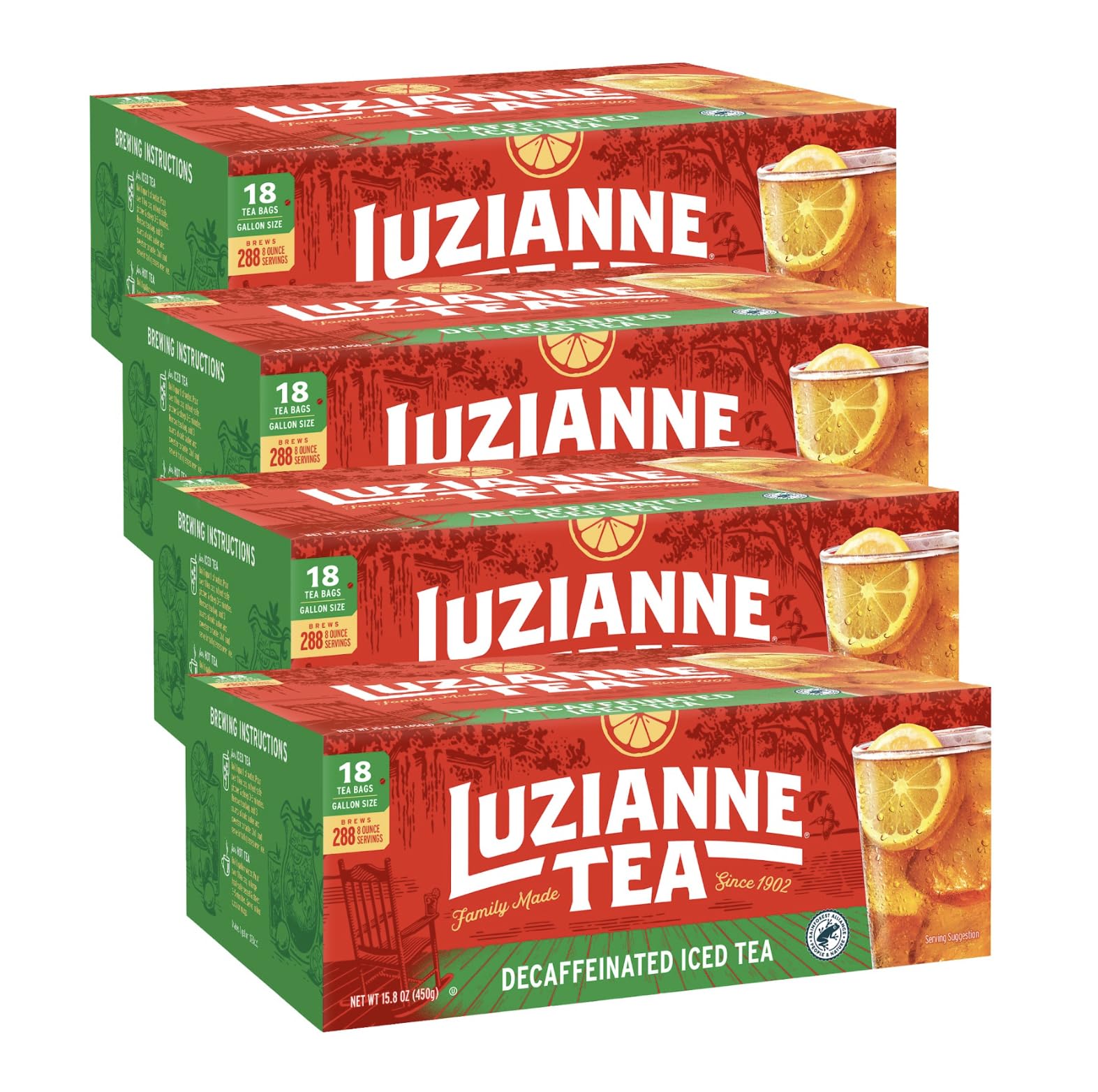Luzianne Unsweetened Decaf Iced Tea Bags on the box front for caffeine-free home brewing.