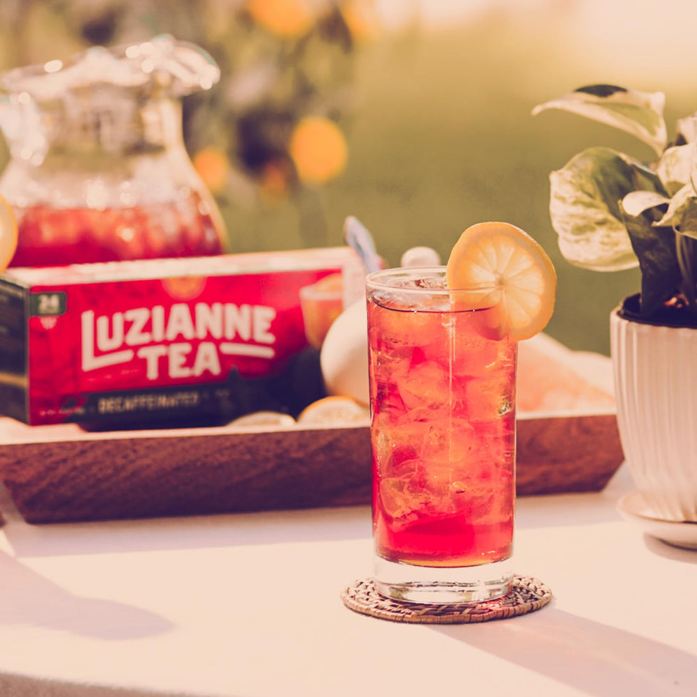 Tall glass of Luzianne Decaf Iced Tea poured over ice