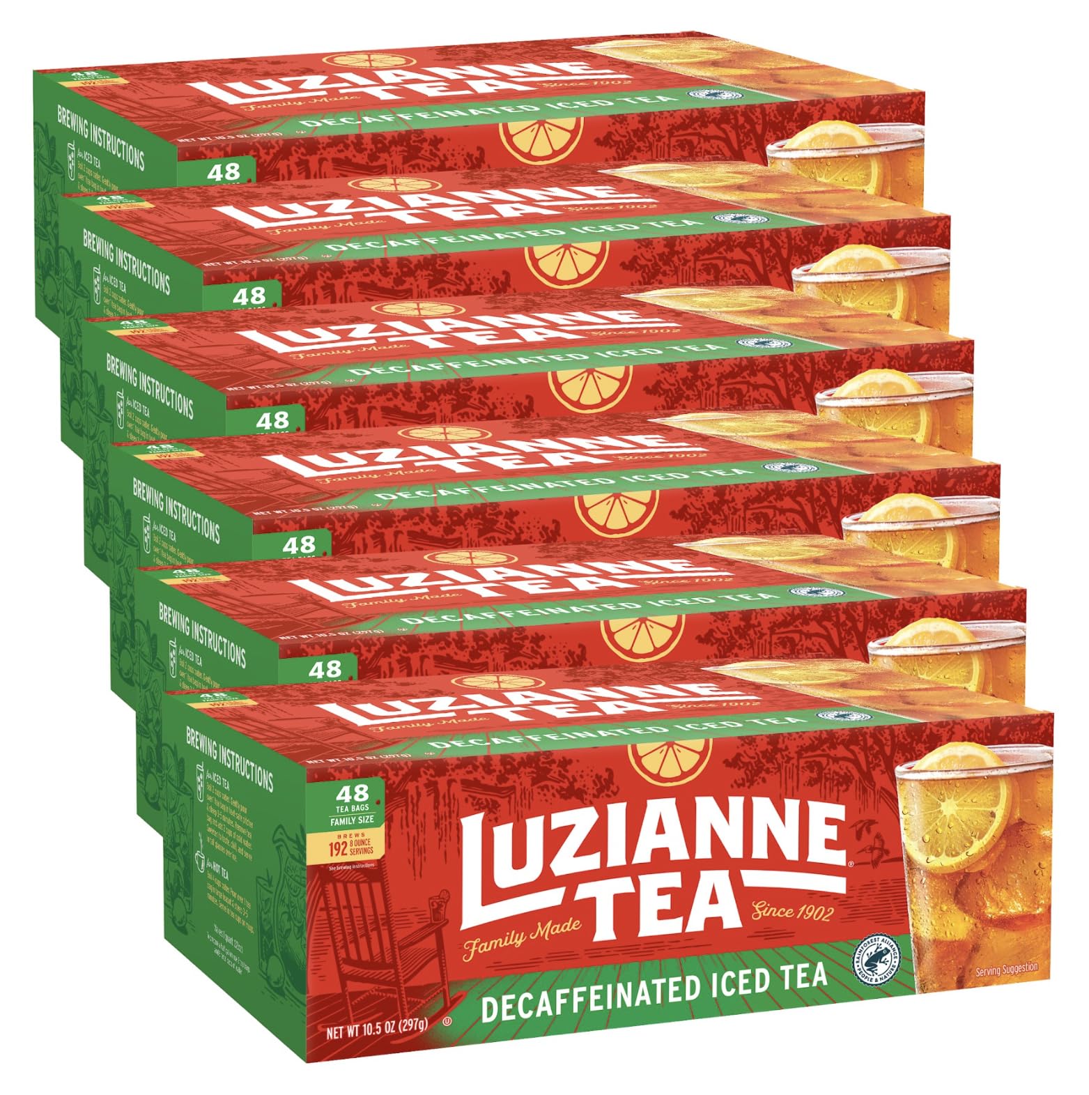 Luzianne decaffeinated iced tea bags front view, ideal for family brewing.