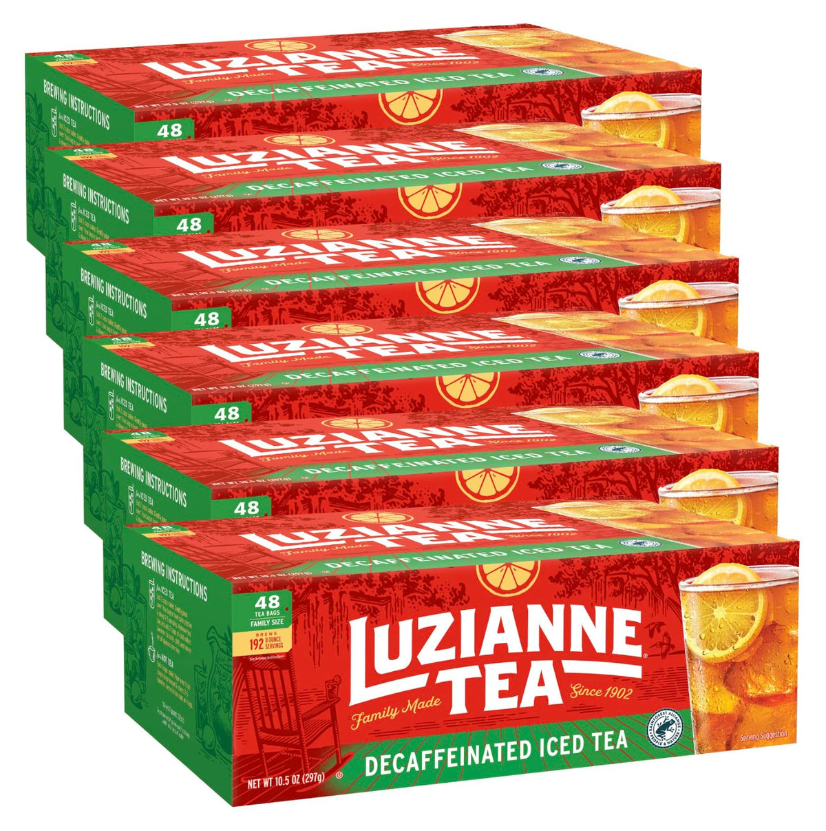 Luzianne decaffeinated iced tea bags front view, ideal for family brewing.