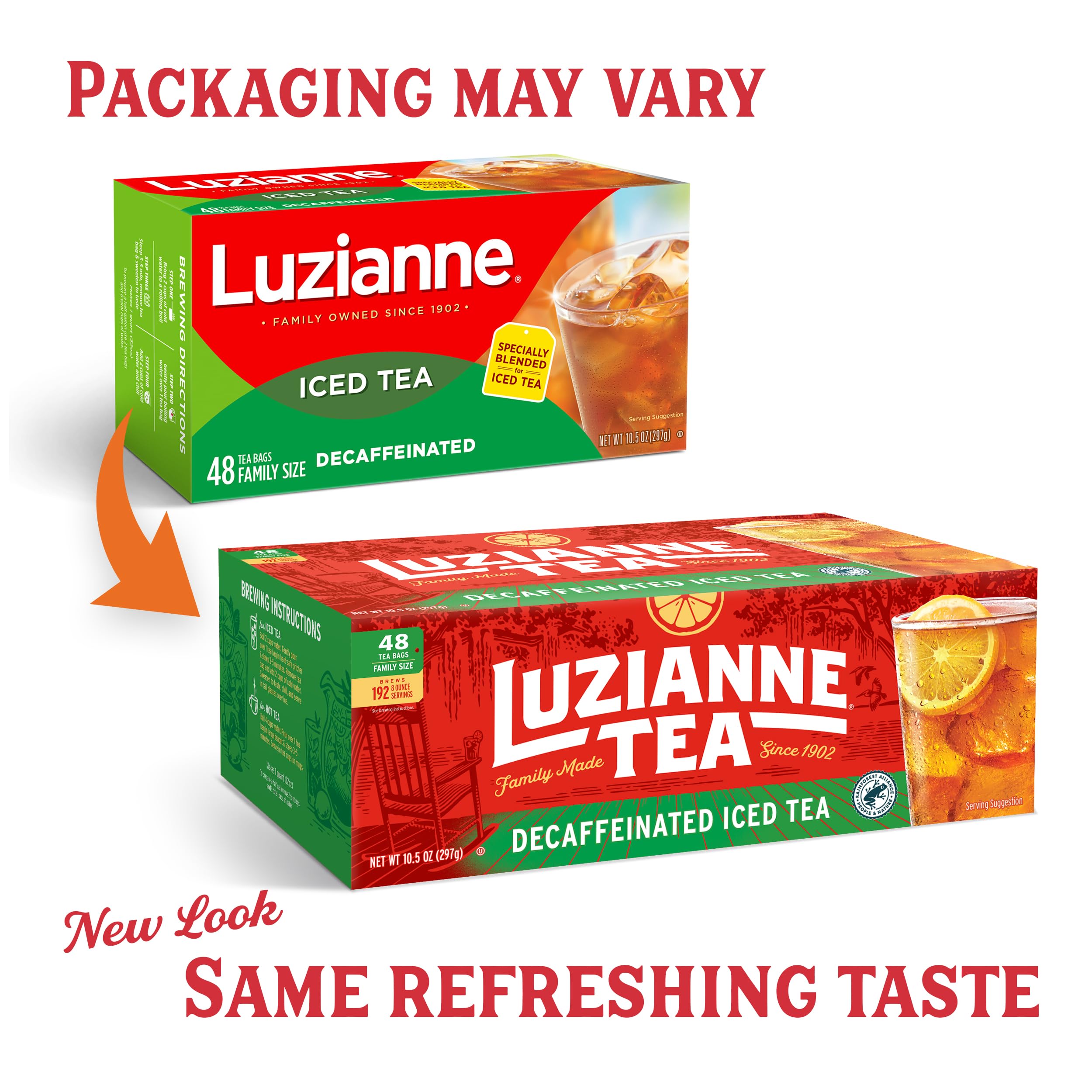 Pouring Luzianne decaffeinated iced tea into a glass for refreshing serving.