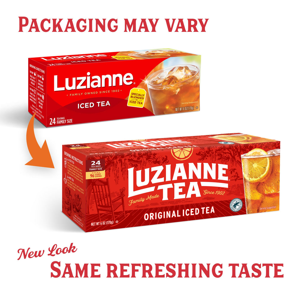 Luzianne glass of refreshing iced tea made from unsweetened tea bags.