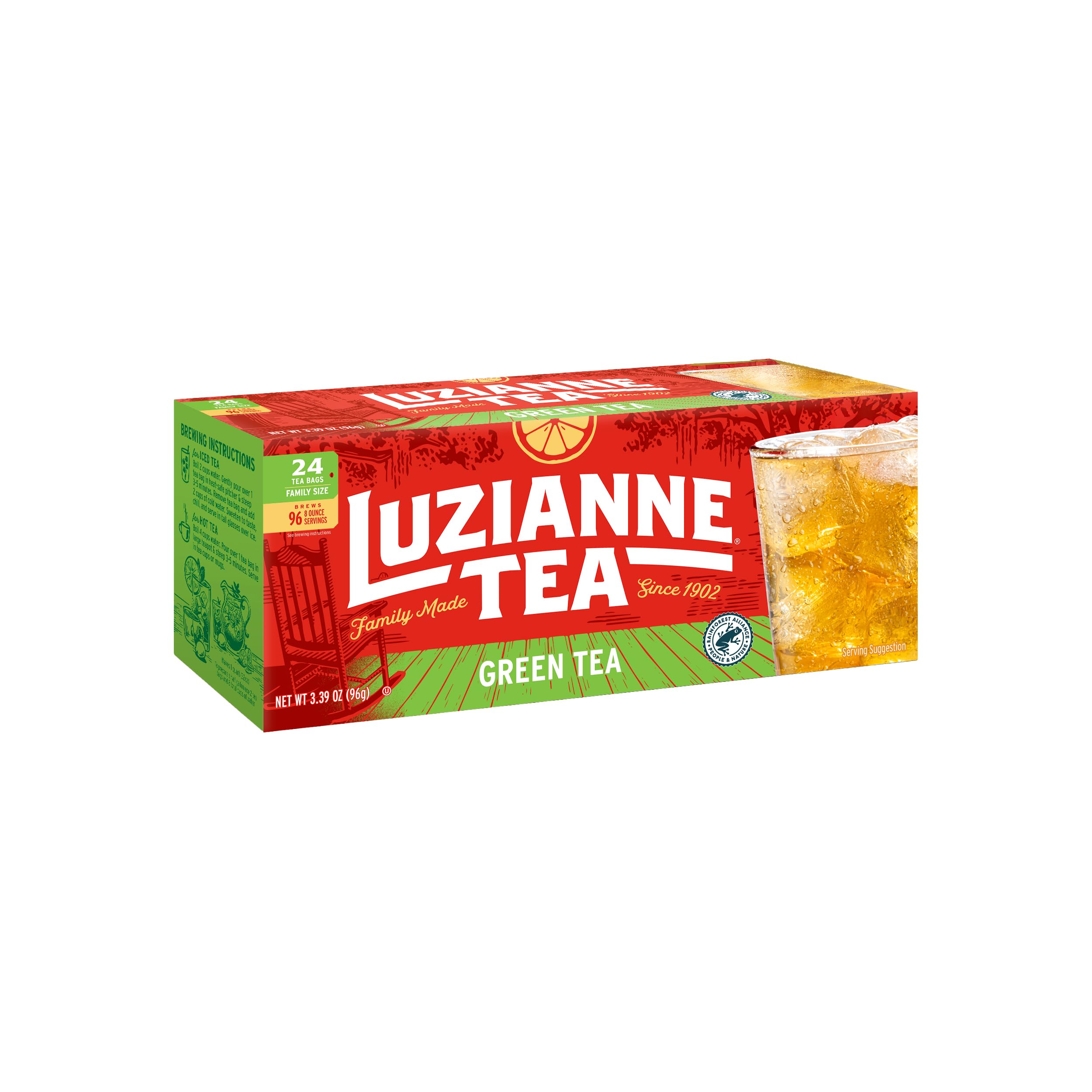 Luzianne green tea bags 24ct box front, crisp iced tea option