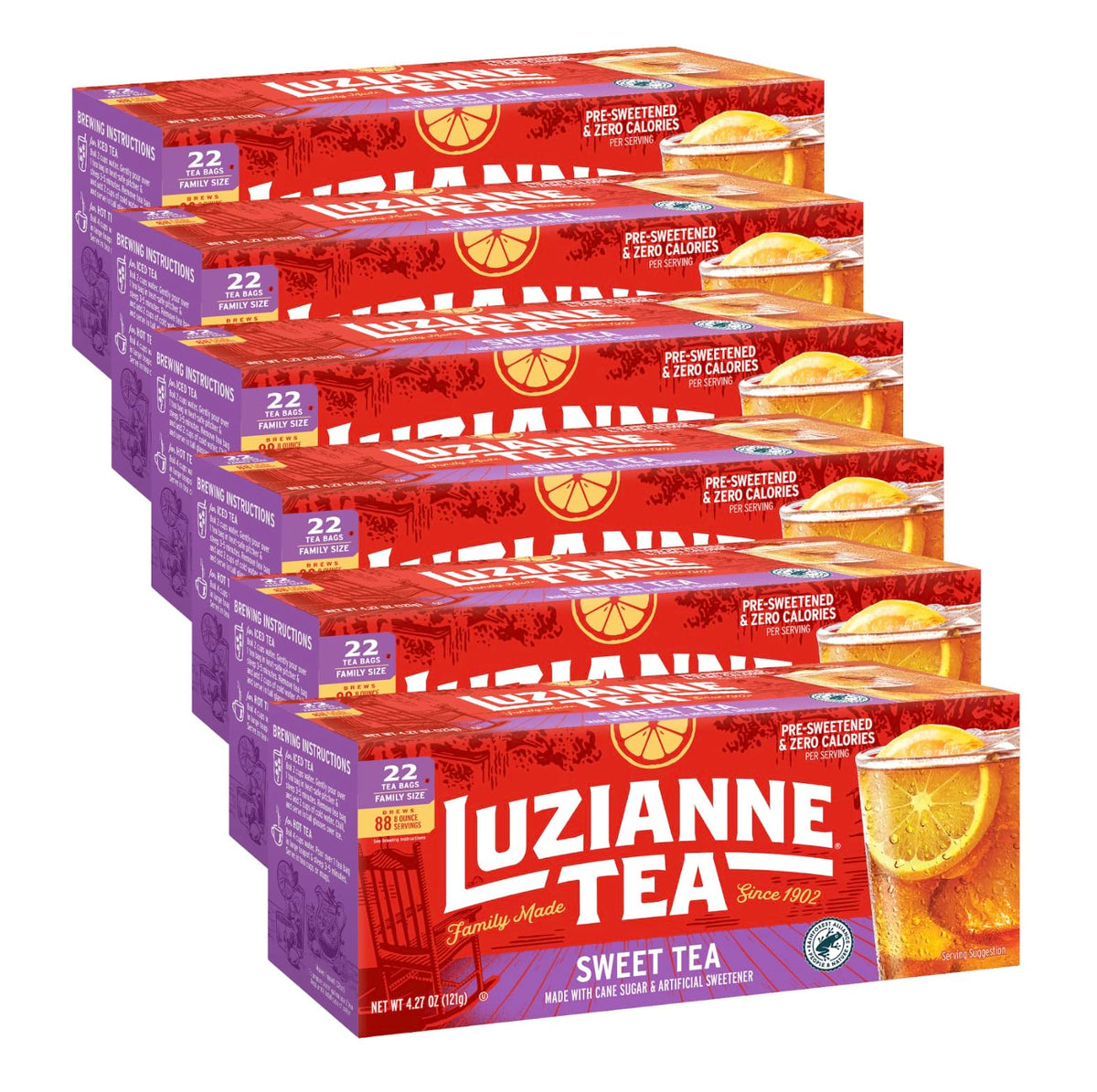 Luzianne Sweet Iced Tea Bags box front, ideal for family-size brewing.