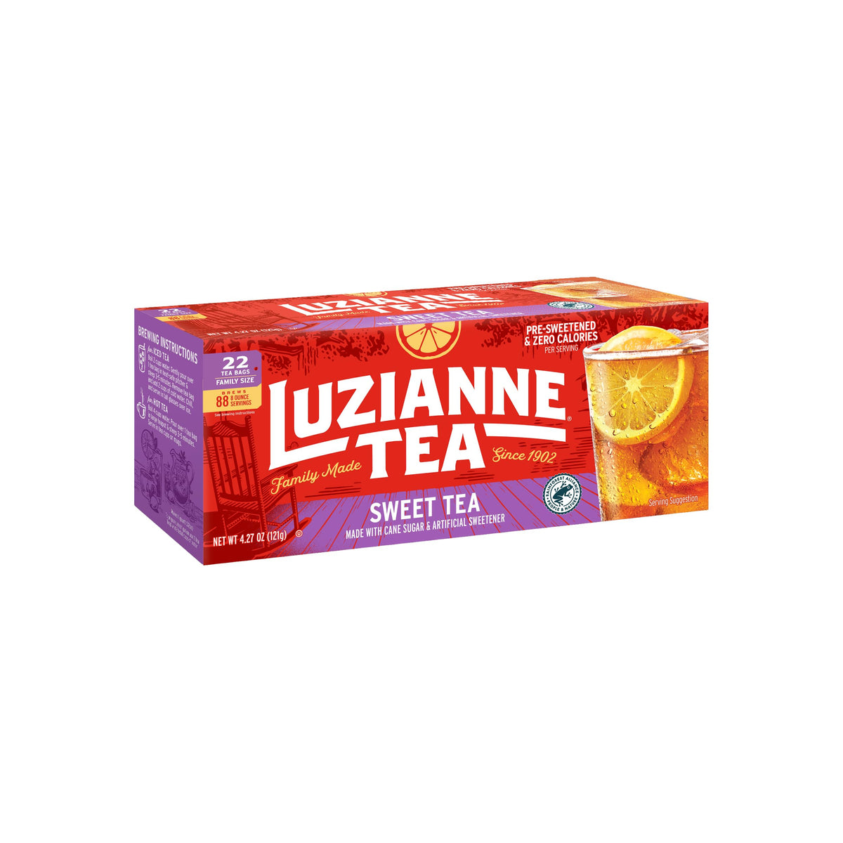 Luzianne Sweet Iced Tea bags in the box front, ready for home brewing.