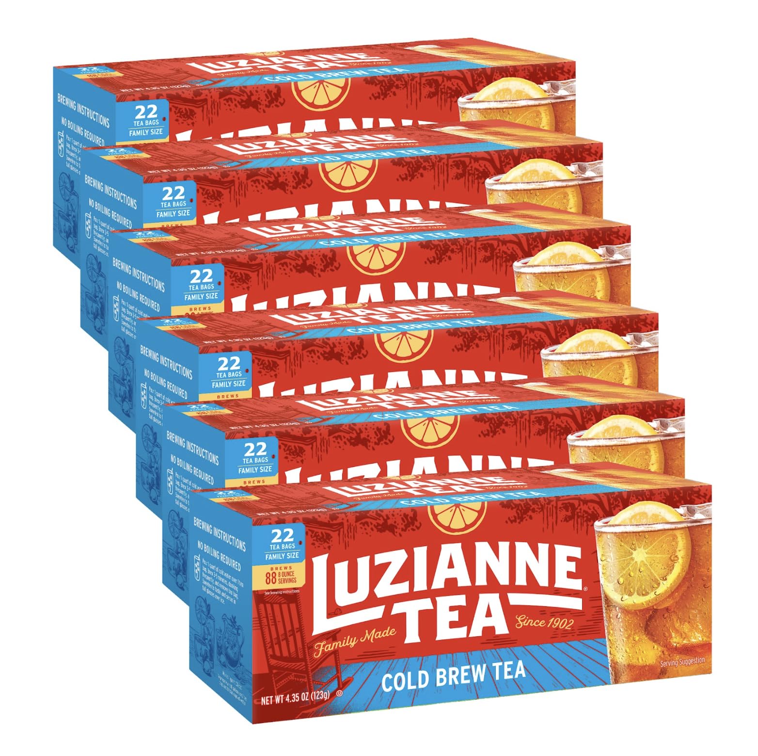 Luzianne unsweetened cold-brew tea bags 22ct box ready for quick, refreshing iced tea.