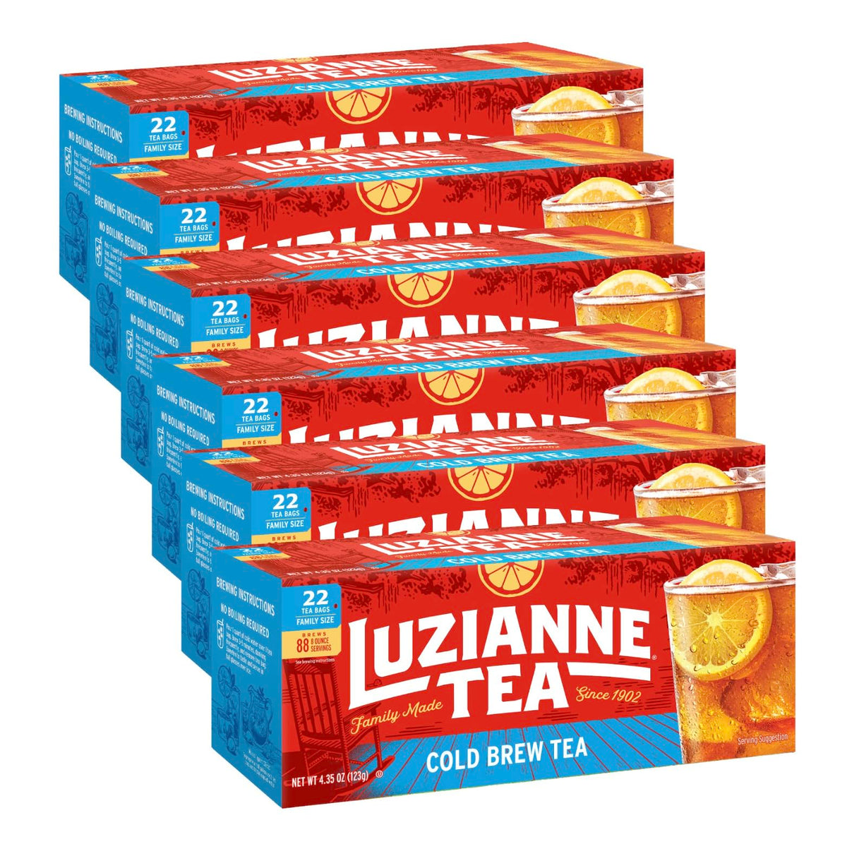 Luzianne unsweetened cold-brew tea bags 22ct box ready for quick, refreshing iced tea.