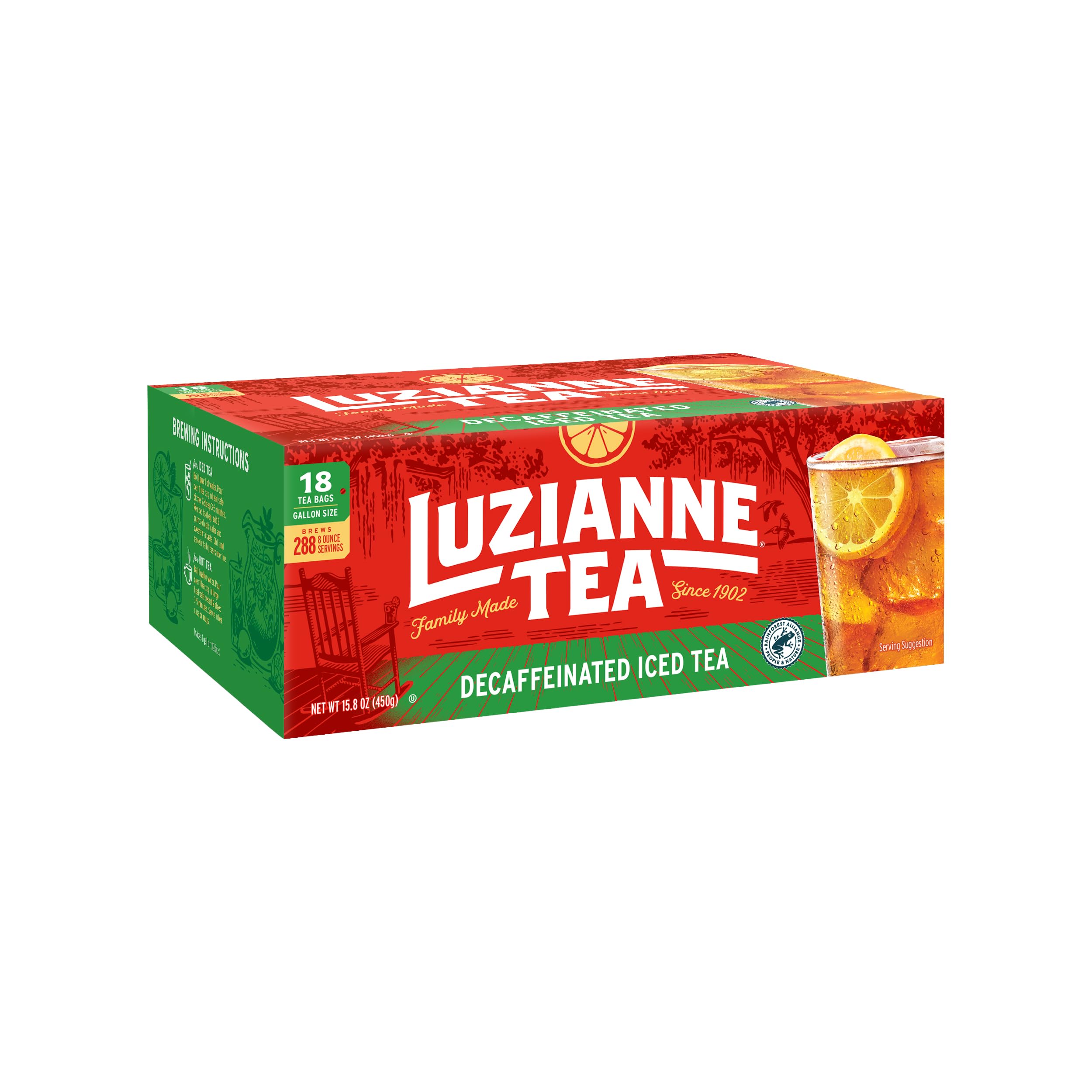 Luzianne unsweetened decaf iced tea bags in gallon box, convenient caffeine-free refreshment.