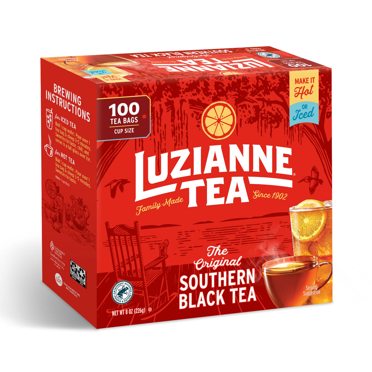 Luzianne unsweetened iced tea bags box front for easy home brewing