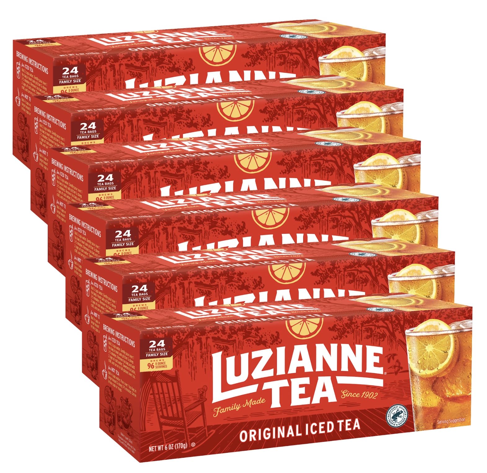 Luzianne unsweetened iced tea bags in a family-size box, ideal for daily cold brew.