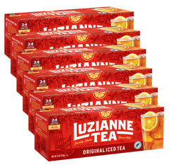 Luzianne unsweetened iced tea bags in a family-size box, ideal for daily cold brew.