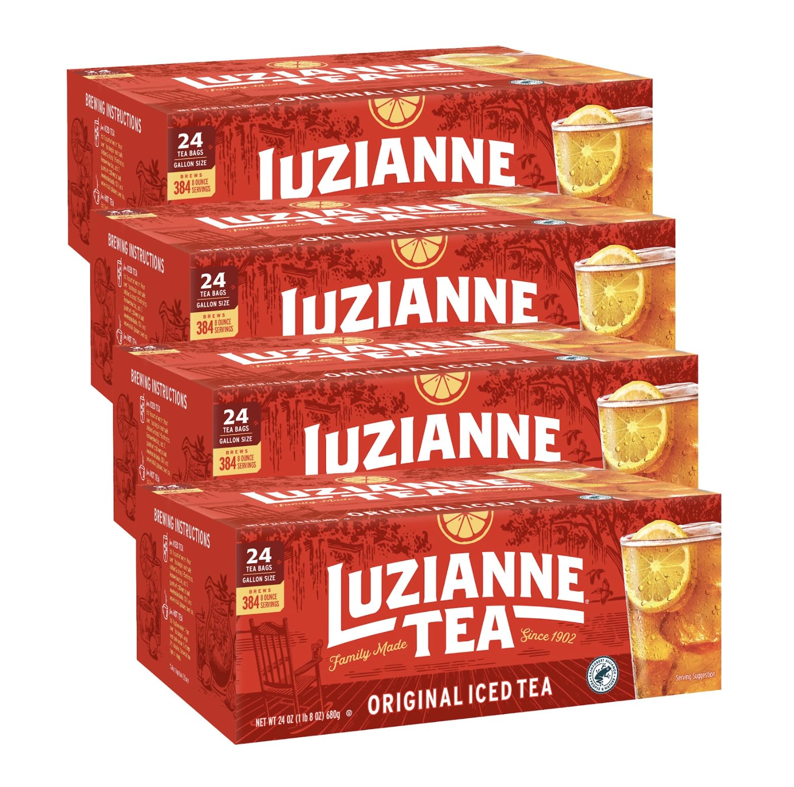 Luzianne unsweetened iced tea bags in a gallon-size box, ideal for big-batch brewing.