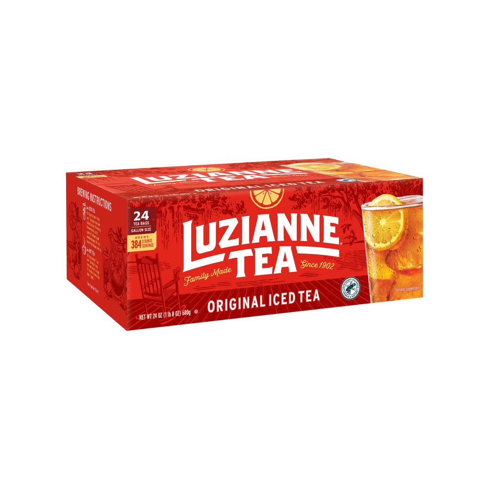 Luzianne unsweetened iced tea bags in gallon box for easy family brewing