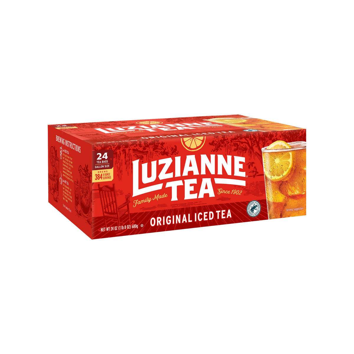 Luzianne unsweetened iced tea bags in gallon box for easy family brewing