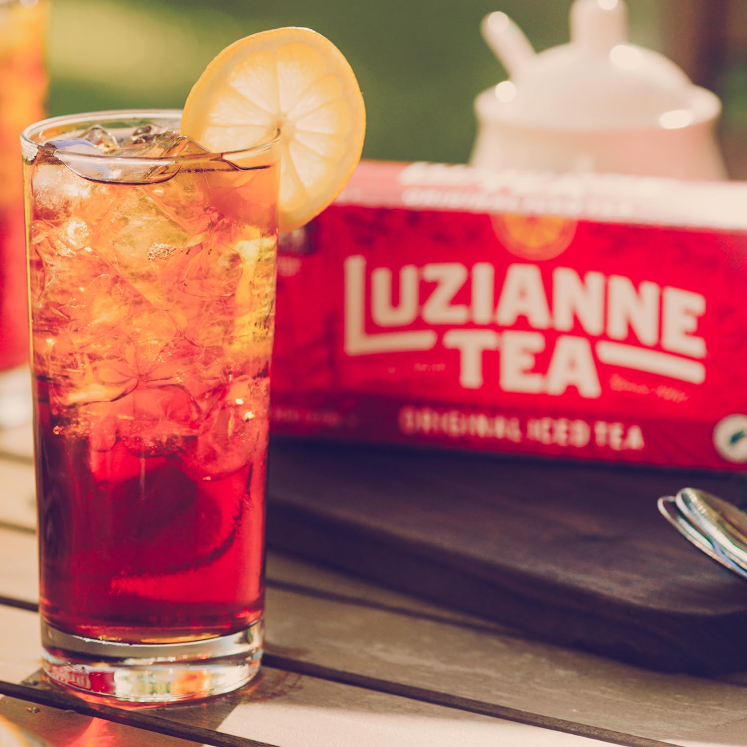 Luzianne unsweetened iced tea box with Rainforest Alliance seal.