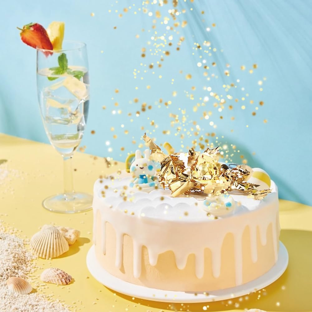 Lwuey gold leaf flakes dusting desserts creates a shimmering effect.