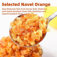 Close-up of glossy candied orange peel slices for desserts
