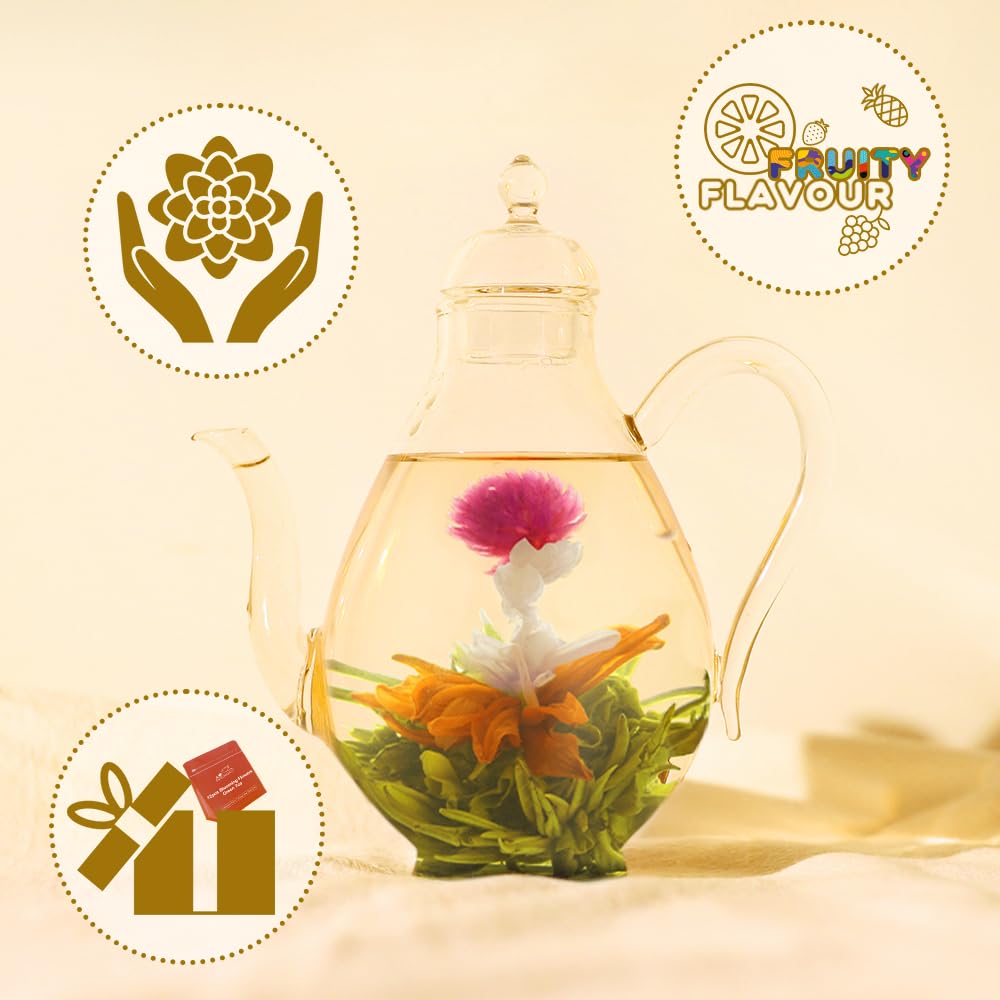 LWXLJMJZC flowers bloom in a tall glass teapot.