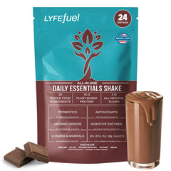 LyfeFuel Essentials chocolate shake bottle showing rich flavor and dairy-free protein benefits