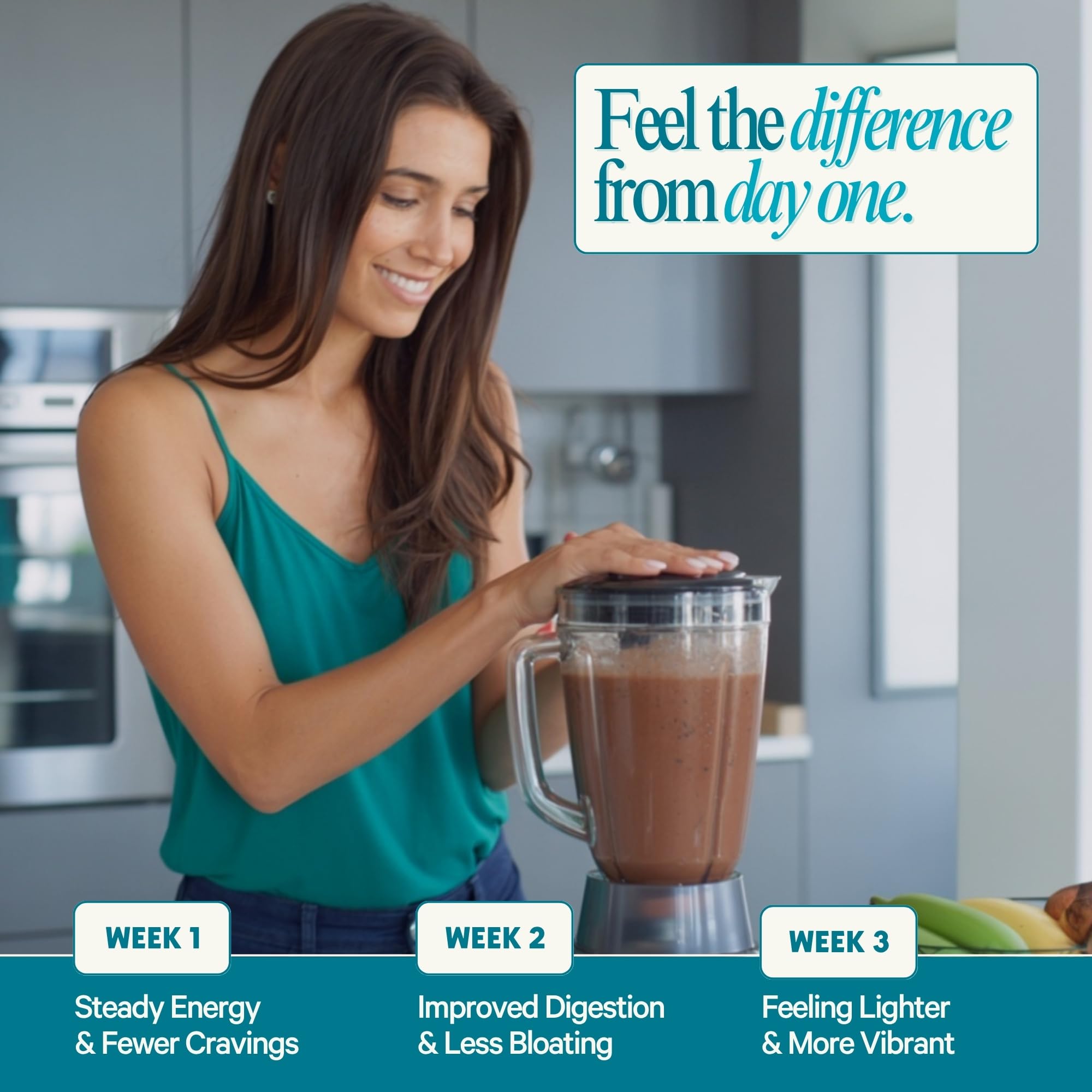 LyfeFuel Essentials chocolate shake on countertop with fruits and greens