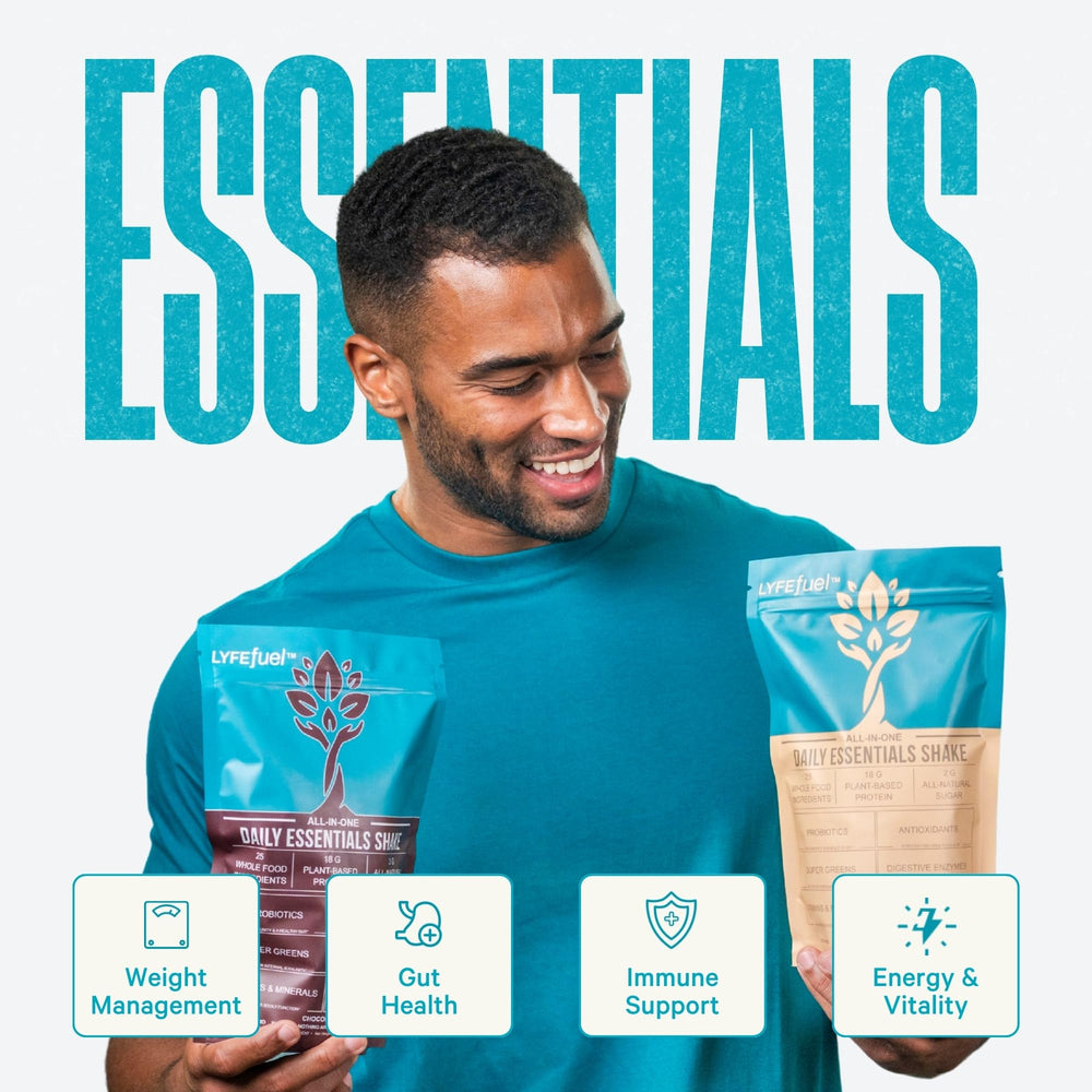 LyfeFuel Essentials chocolate shake scoop resting on powder for portioning