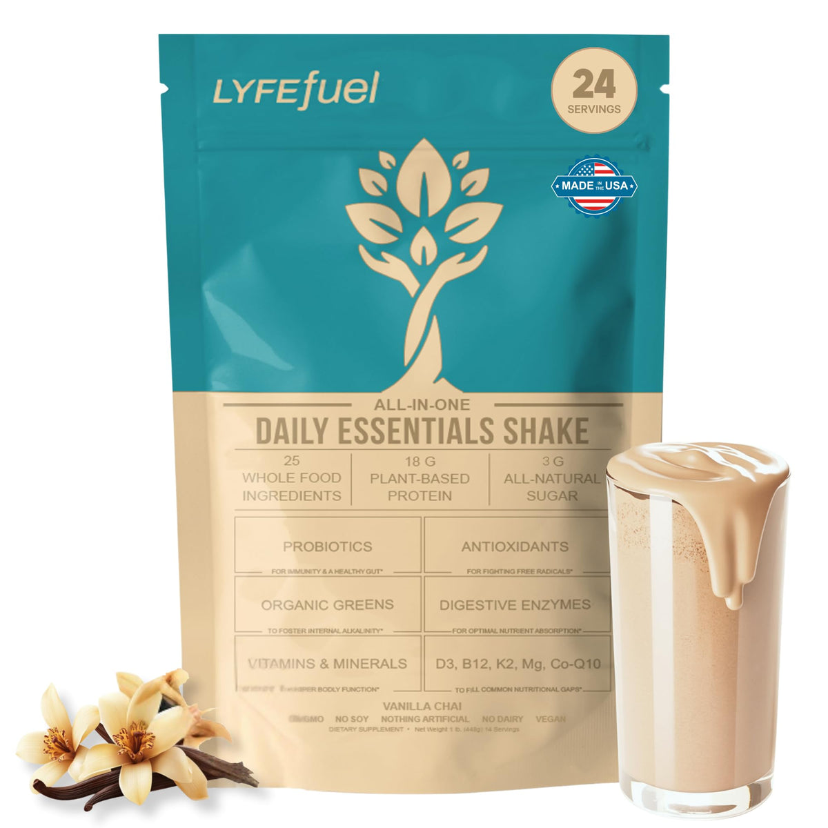 LyfeFuel Essentials vanilla shake tub showing complete plant-based protein.
