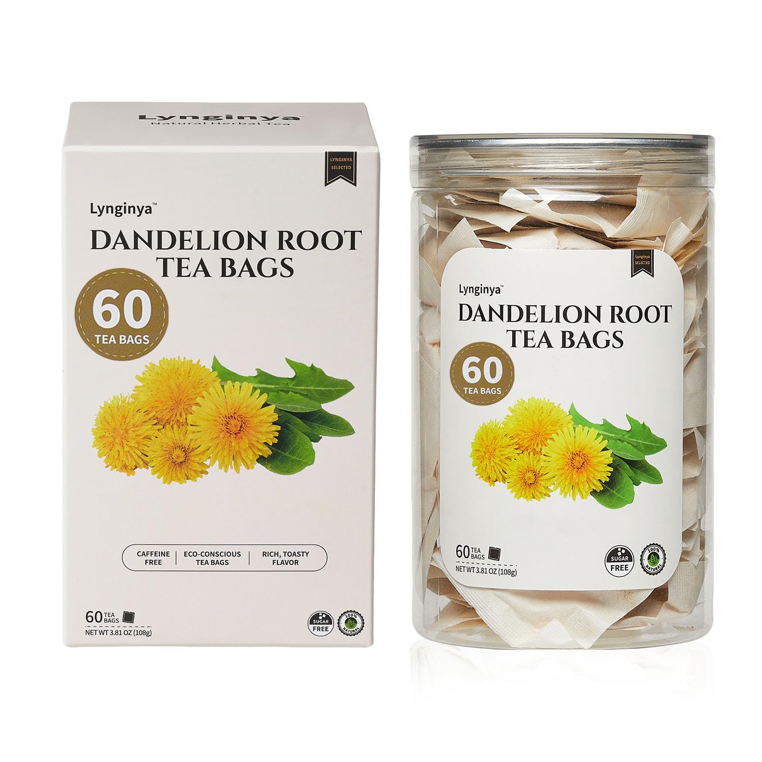 Lynginya dandelion root tea bags in a jar, premium roasted, ideal for hot or iced infusions.