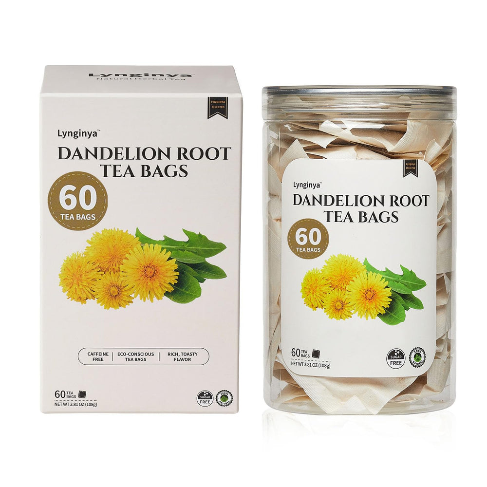 Lynginya dandelion root tea bags in a jar, premium roasted, ideal for hot or iced infusions.