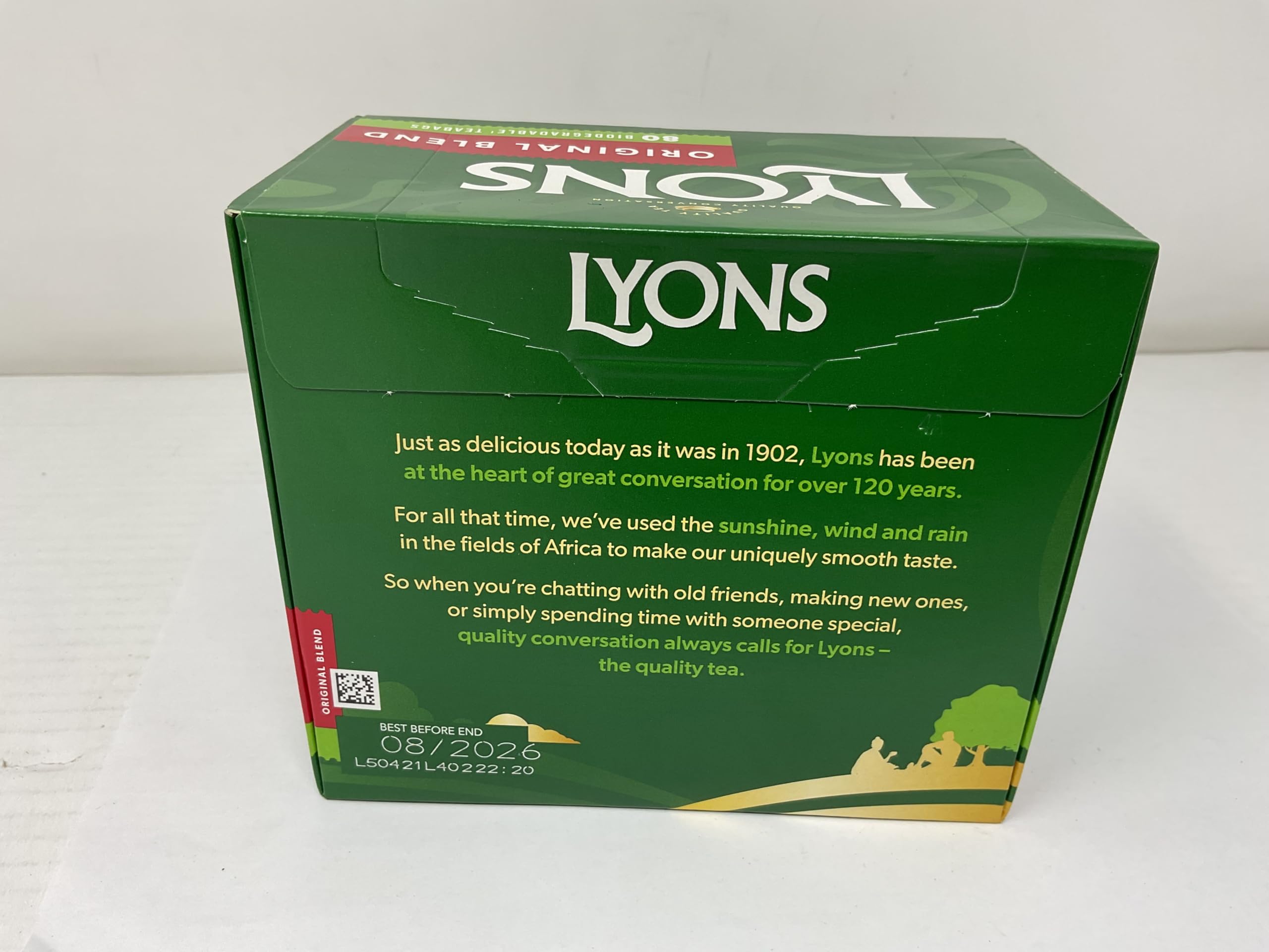 Lyons Original Blend Tea packaging label hints antioxidant-rich black tea.