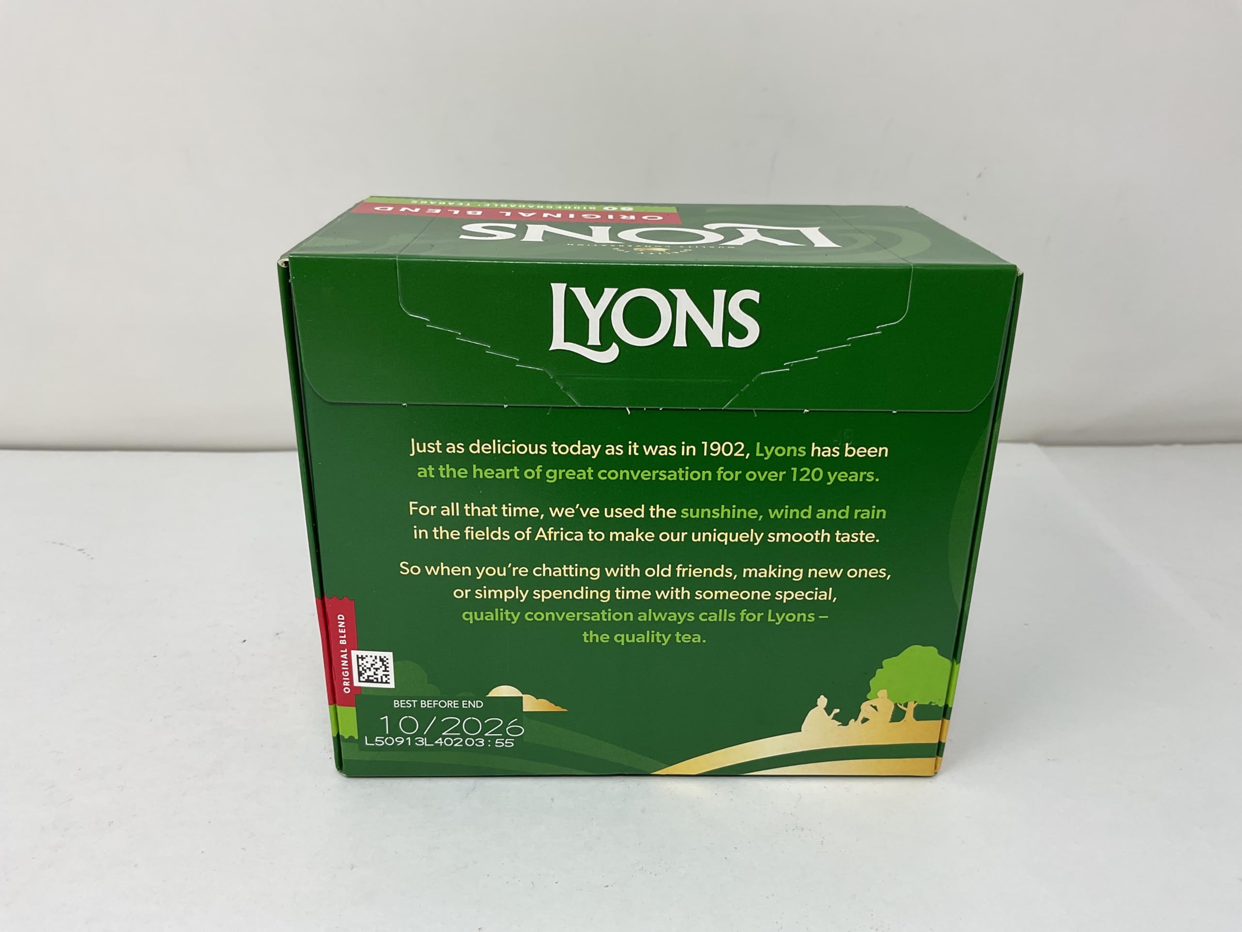 Dublin street scene backdrop with Lyons Original Irish Tea branding.